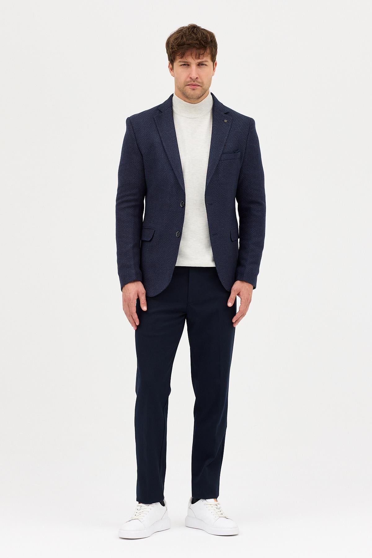 Luduno Erkek Lacivert Kalın Mono Yaka Slim Fit Casual Blazer Ceket
