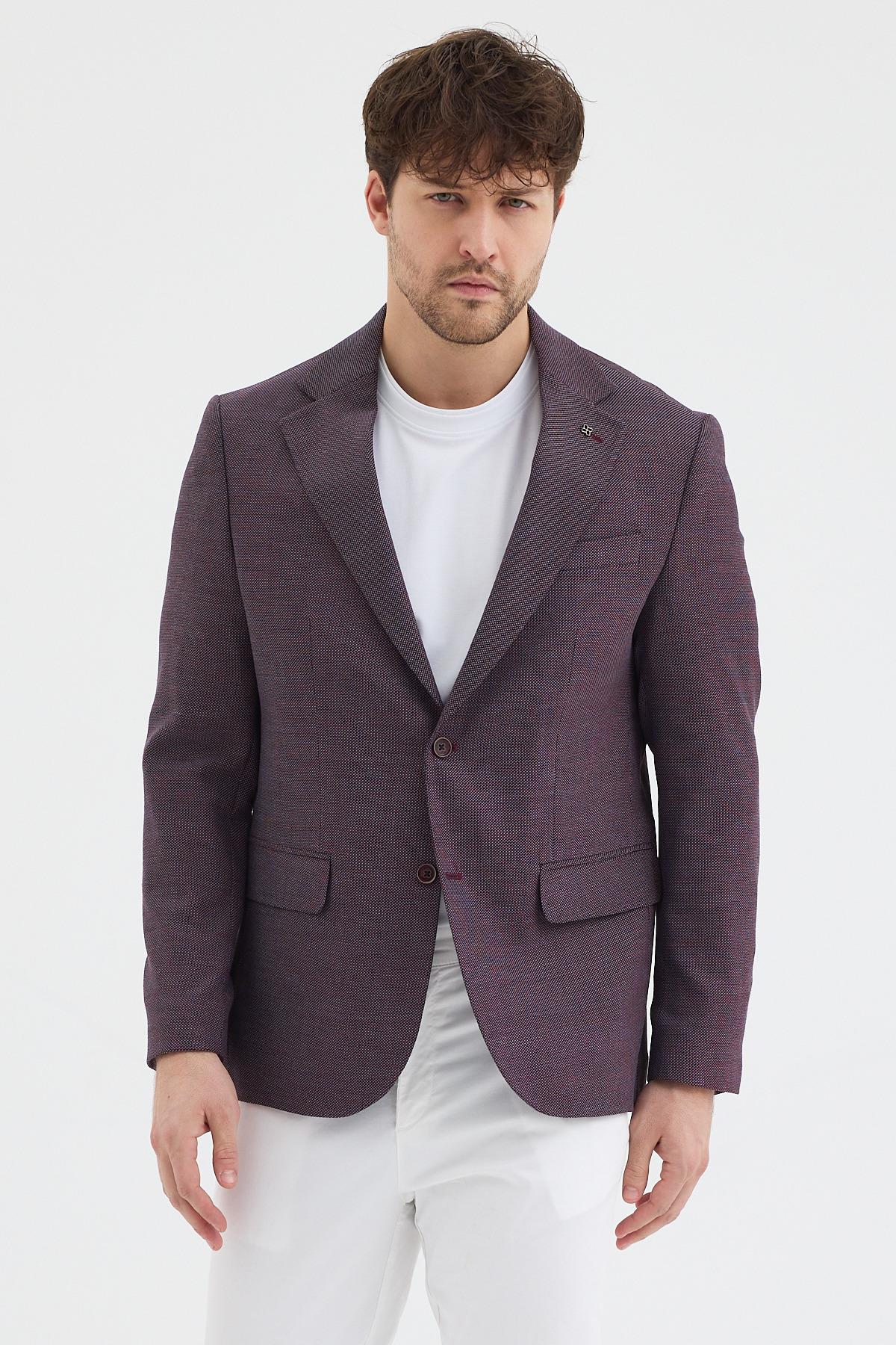 Lunos Erkek Bordo Poliviskon Kumaşlı Slim Fit Kendinden Mendilli Mono Yaka Spor Blazer Ceket