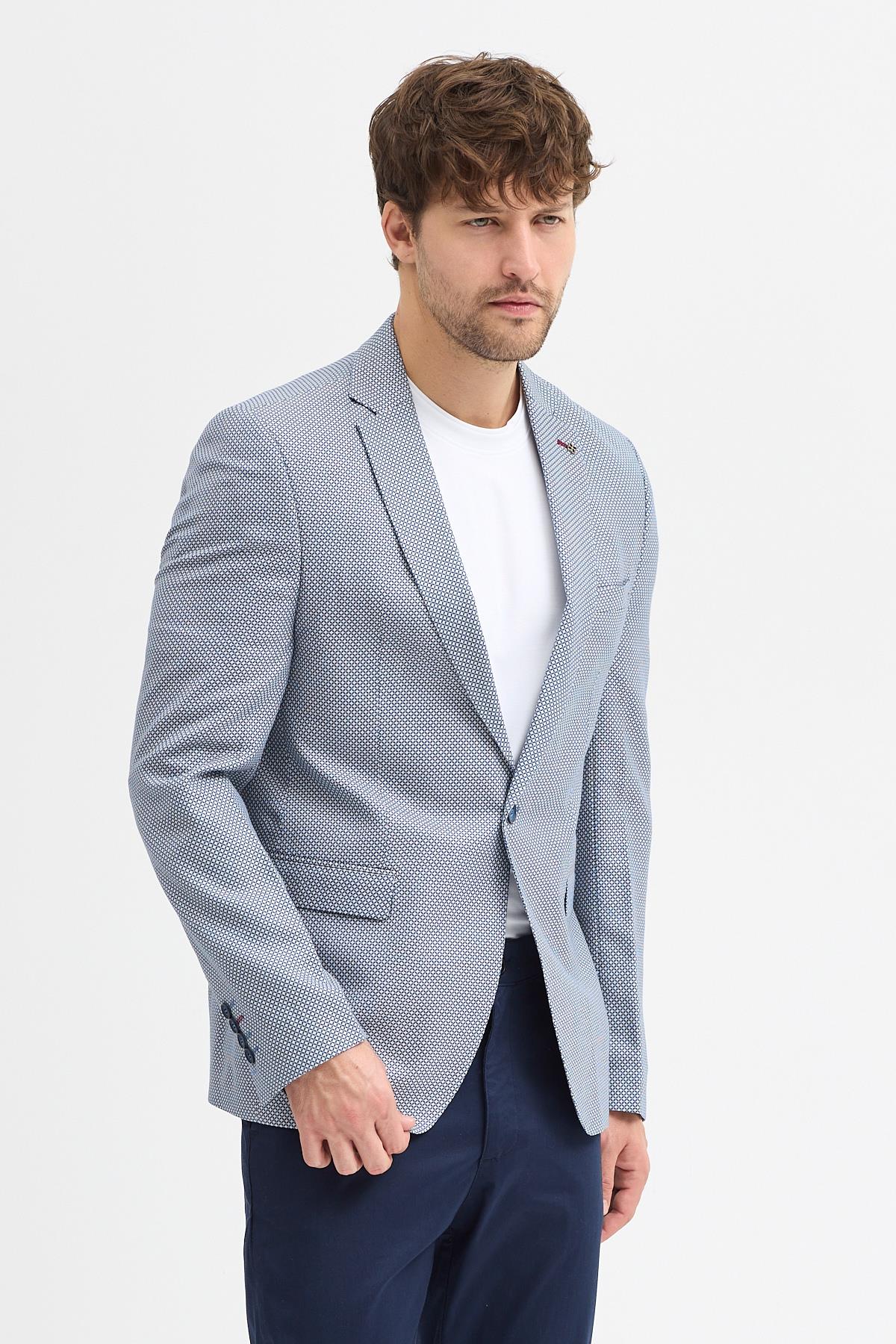 Malço Erkek İndigo Armürlü Poliviskon Kumaşlı Slim Fit Spor Blazer Ceket