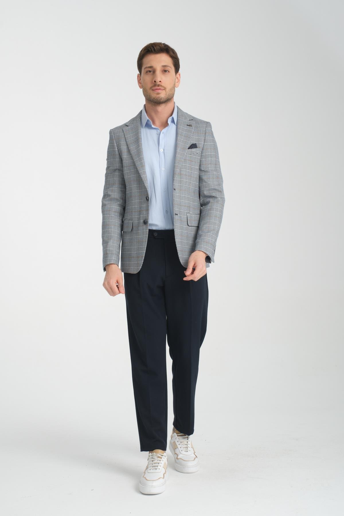 Manio Erkek Lacivert Ekose Slim Fit Mono Yaka Spor Blazer Ceket