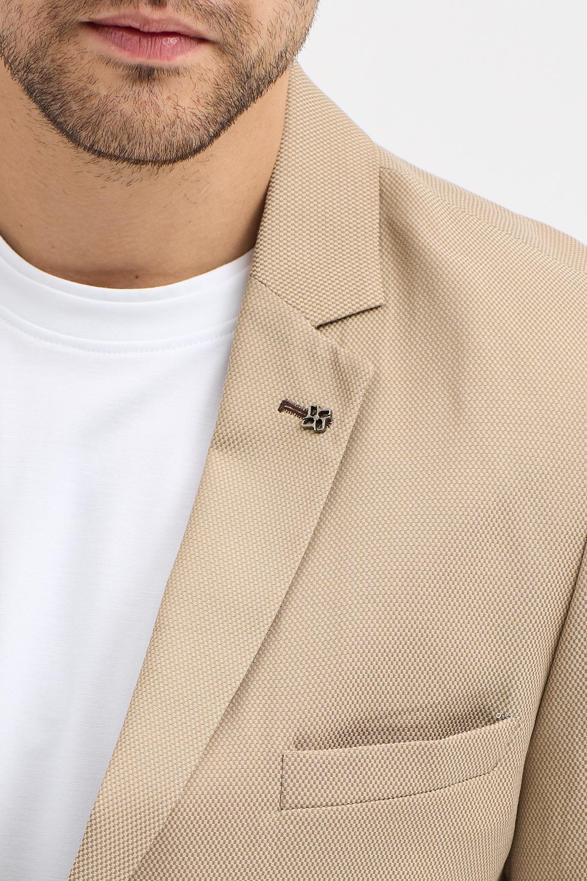 Manzoni Erkek Bej Poliviskon Kumaşlı Mono Yaka Slim Fit Blazer Ceket