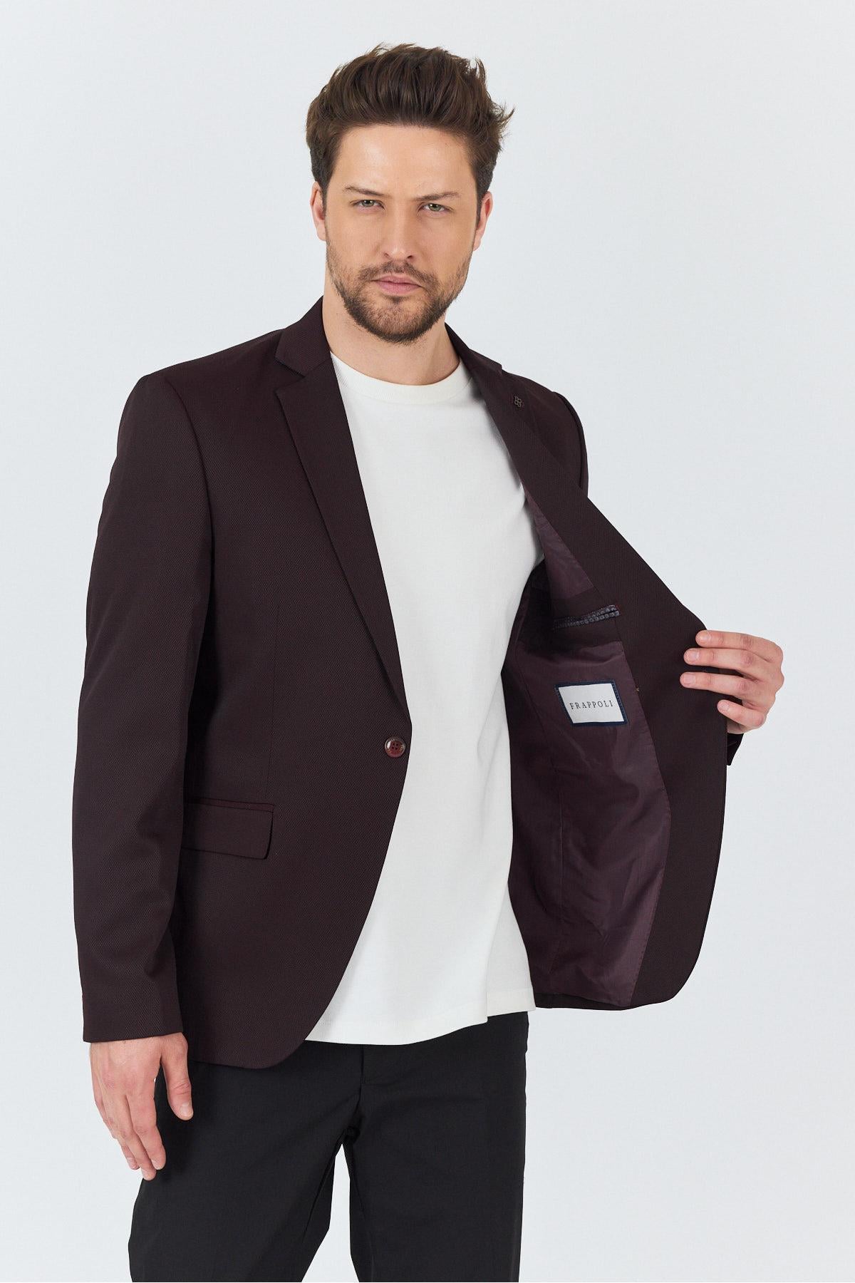 Manzoni Erkek Bordo Polyviskon Kumaşlı Mono Yaka Slim Fit Blazer Ceket