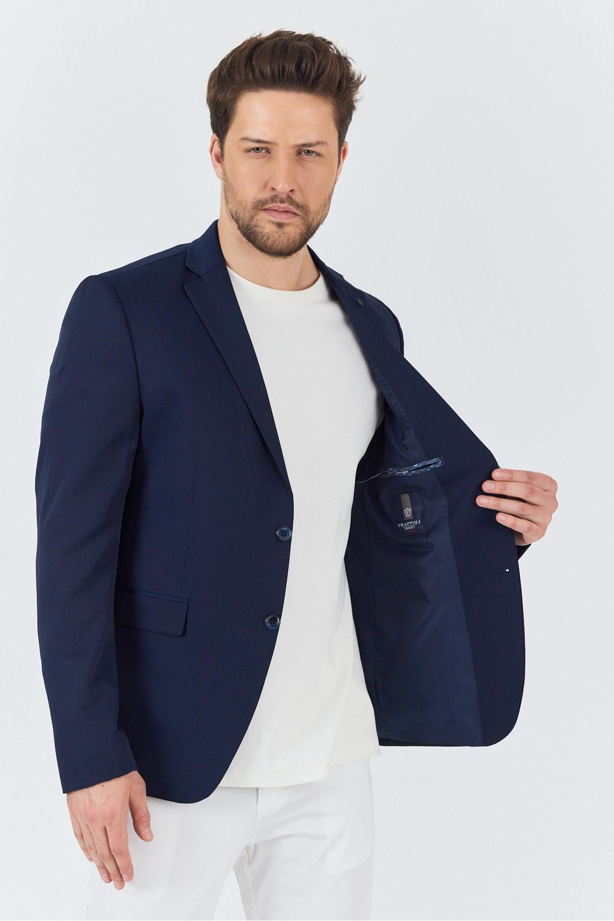 Manzoni Erkek Lacivert Polyviskon Kumaşlı Mono Yaka Slim Fit Blazer Ceket