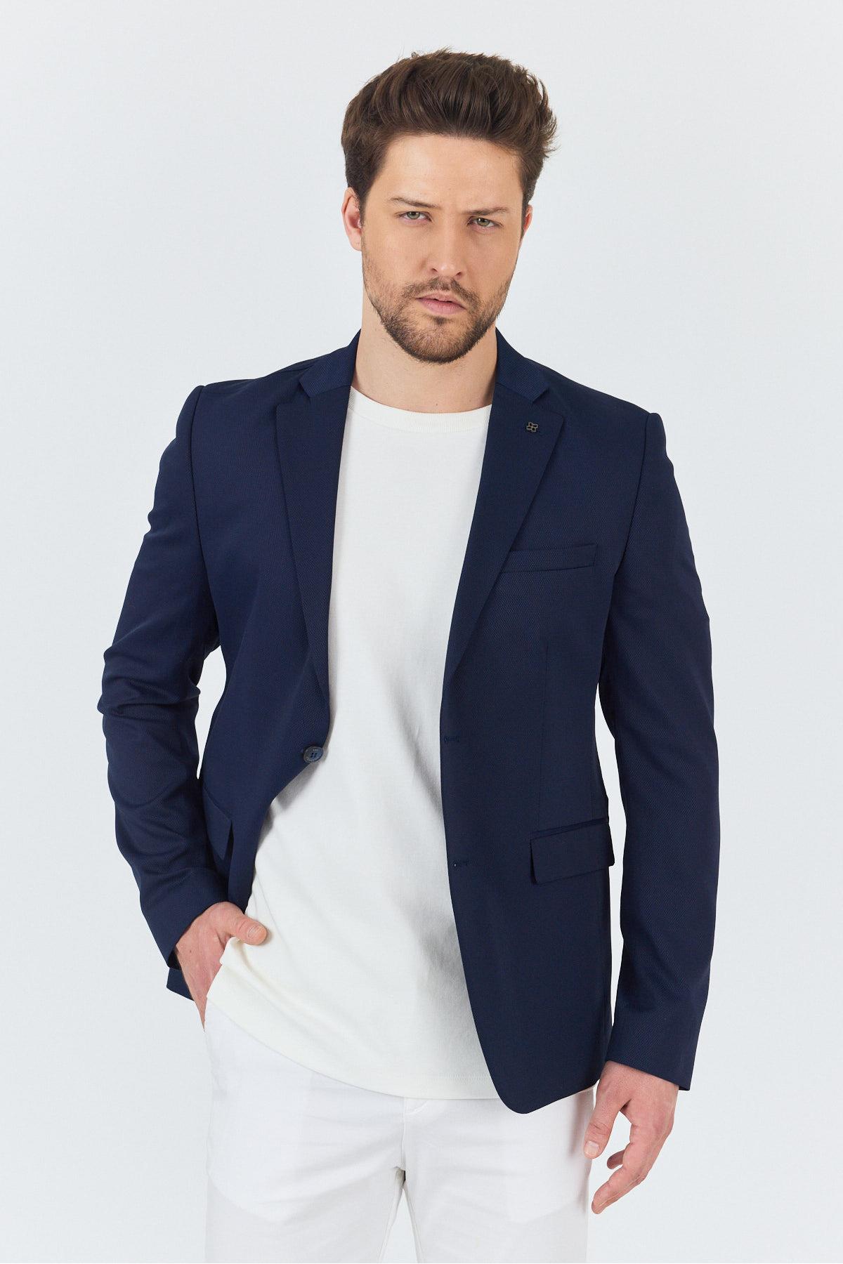 Manzoni Erkek Lacivert Polyviskon Kumaşlı Mono Yaka Slim Fit Blazer Ceket