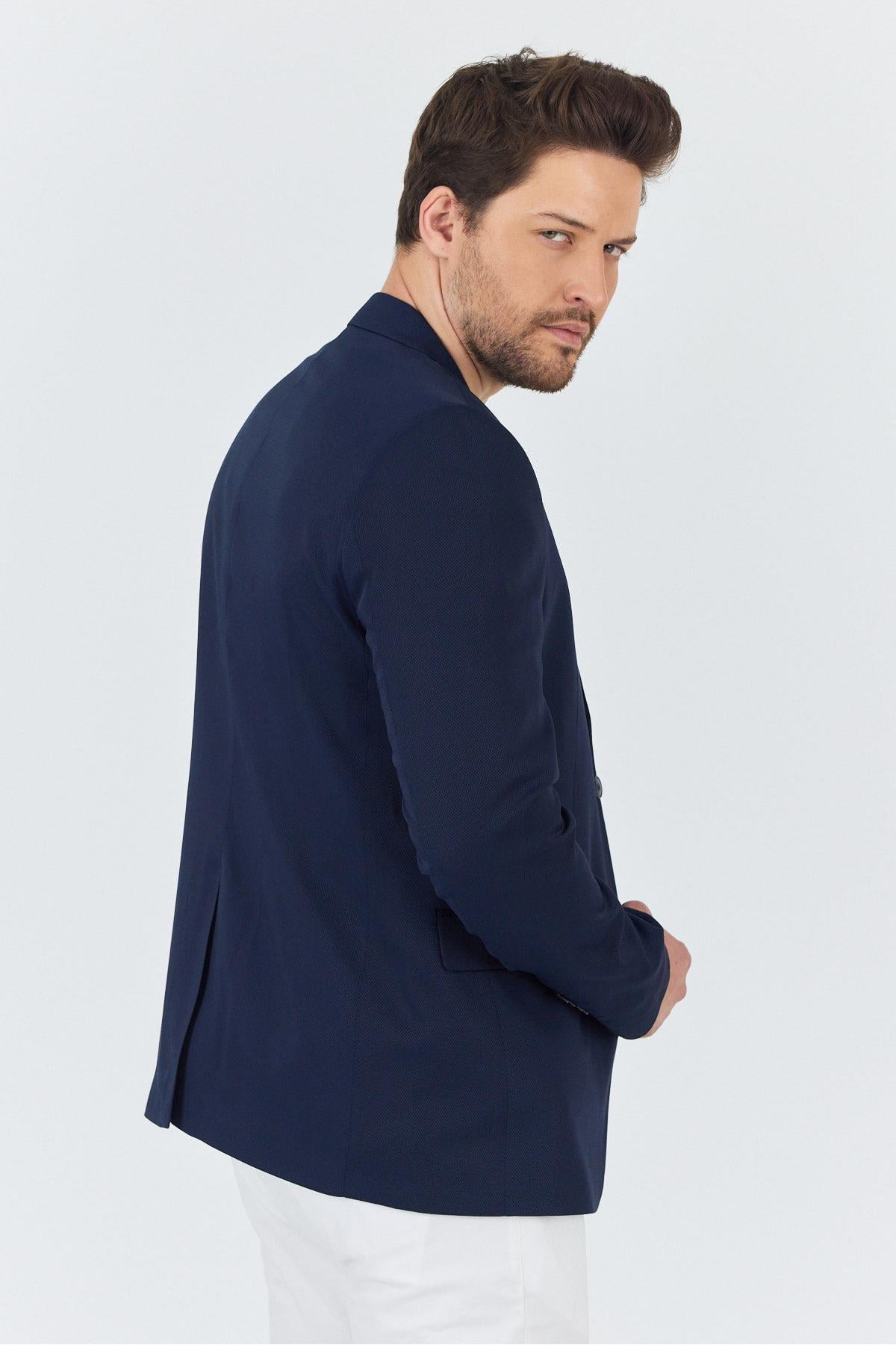 Manzoni Erkek Lacivert Polyviskon Kumaşlı Mono Yaka Slim Fit Blazer Ceket