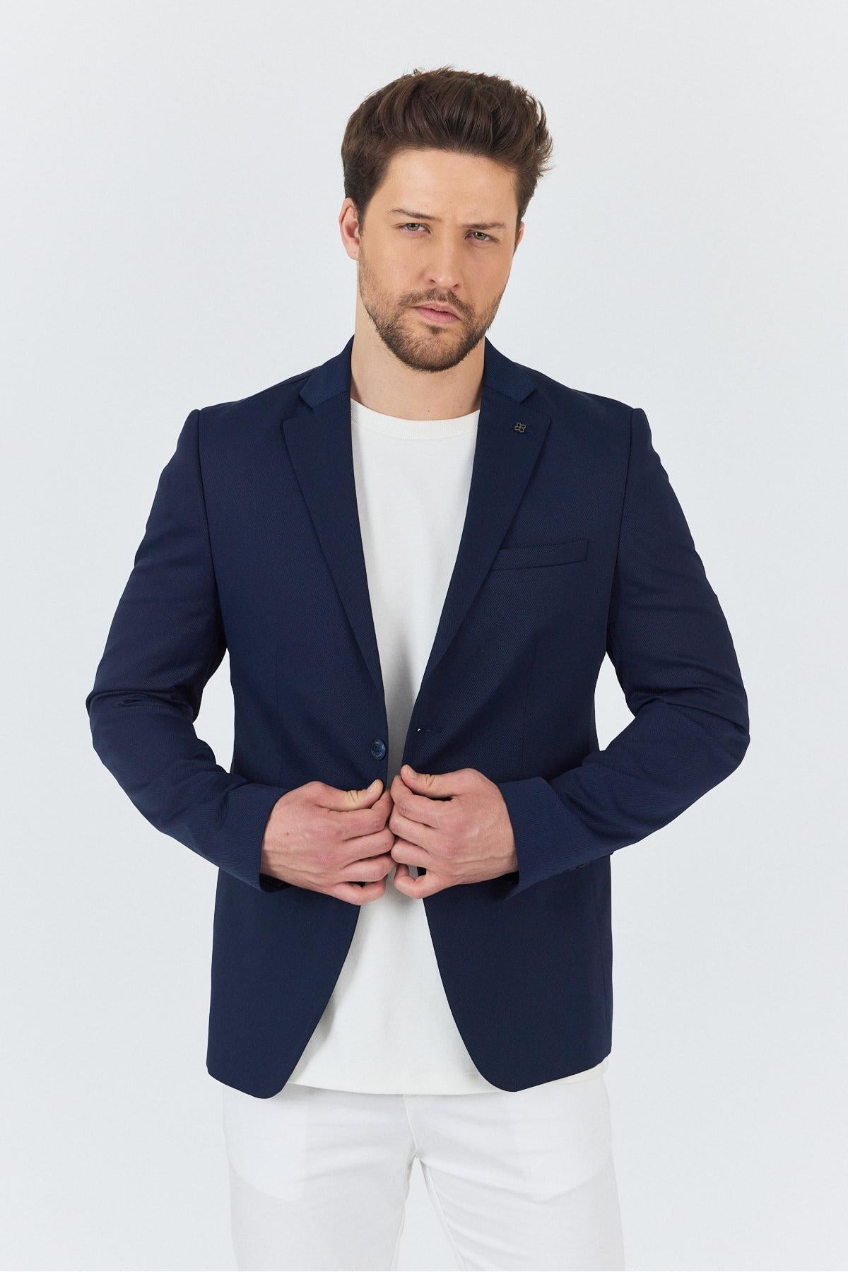 Manzoni Erkek Lacivert Polyviskon Kumaşlı Mono Yaka Slim Fit Blazer Ceket