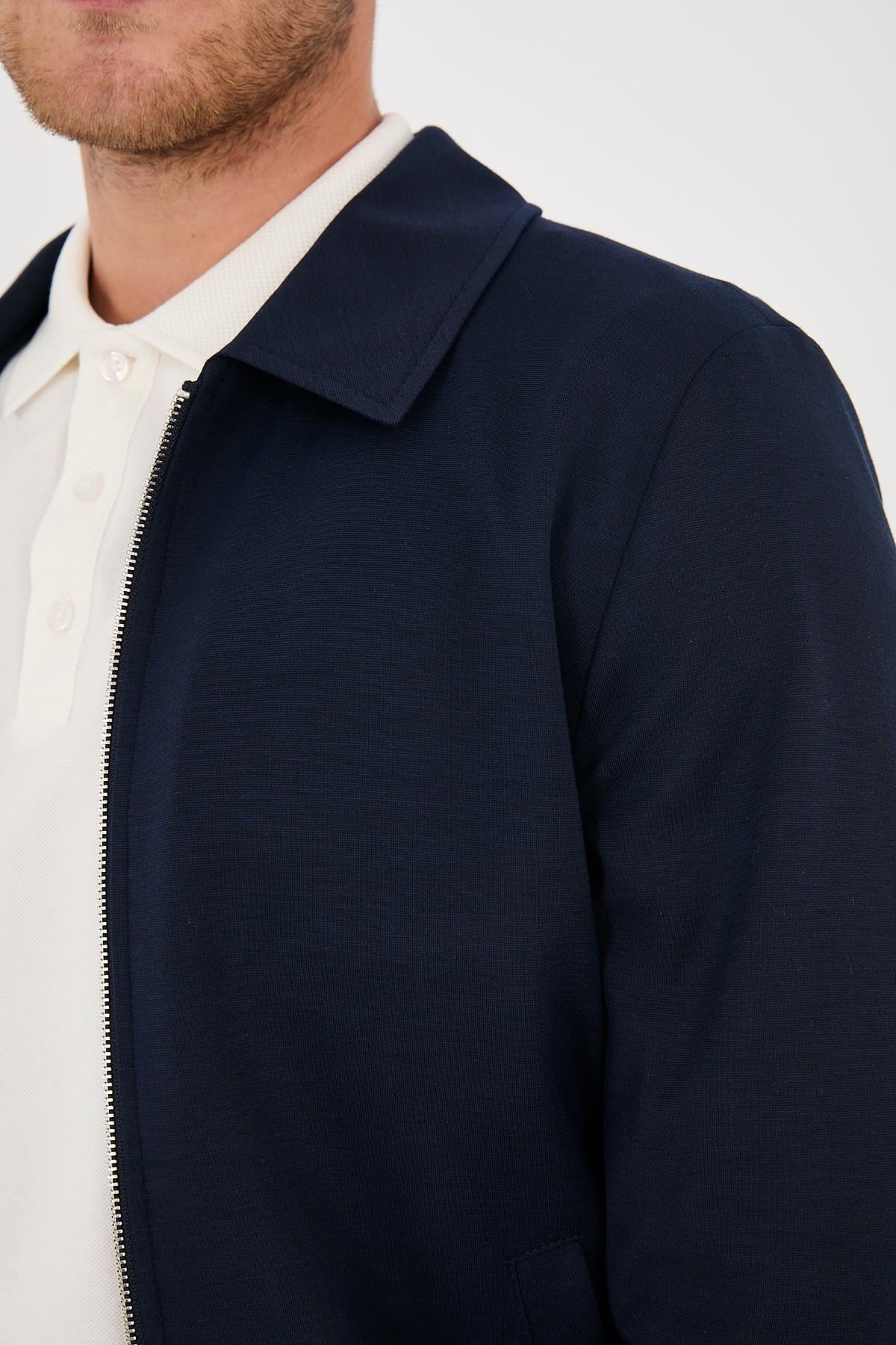 Marcio 360 Esneyen Örme Erkek Koyu Lacivert Fermuarlı Slim Fit Polo Yaka Ceket Mont