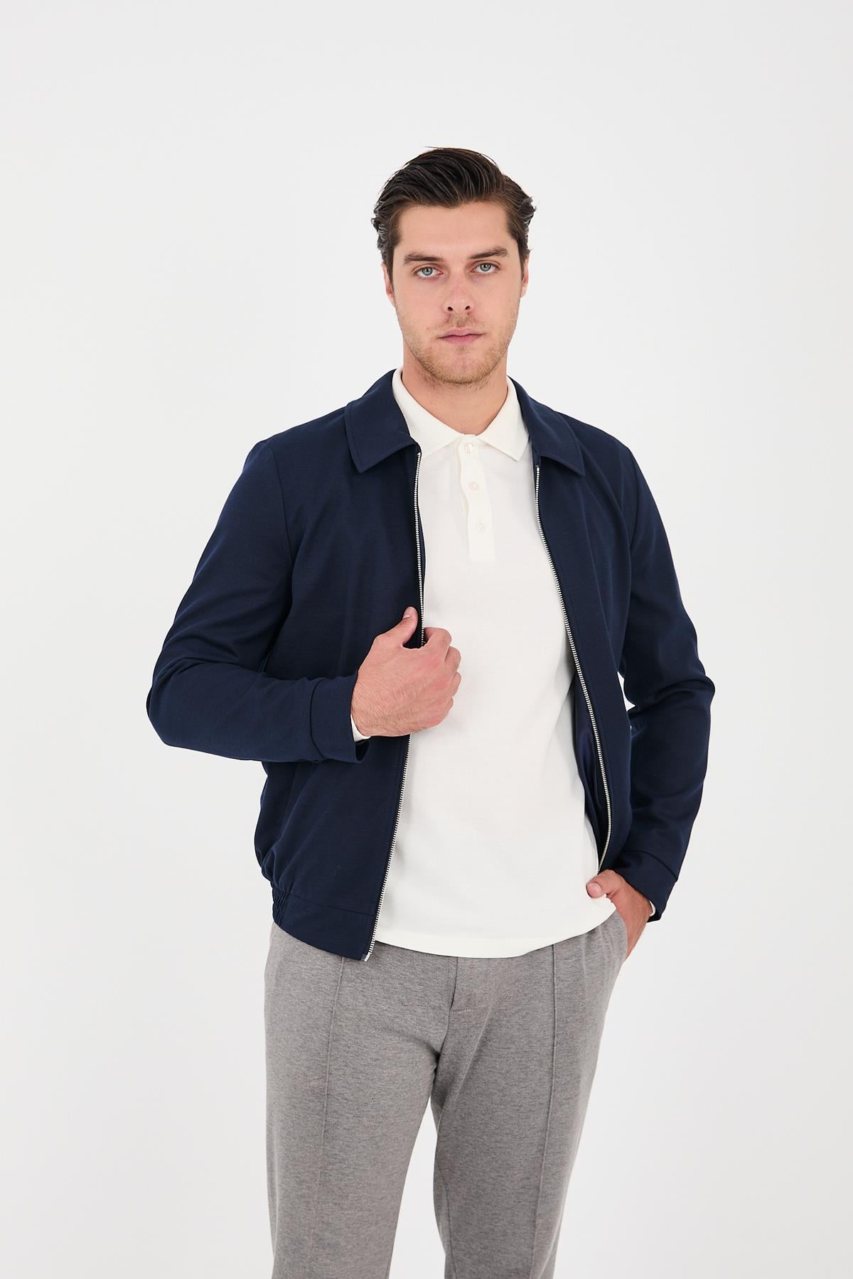 Marcio 360 Esneyen Örme Erkek Koyu Lacivert Fermuarlı Slim Fit Polo Yaka Ceket Mont