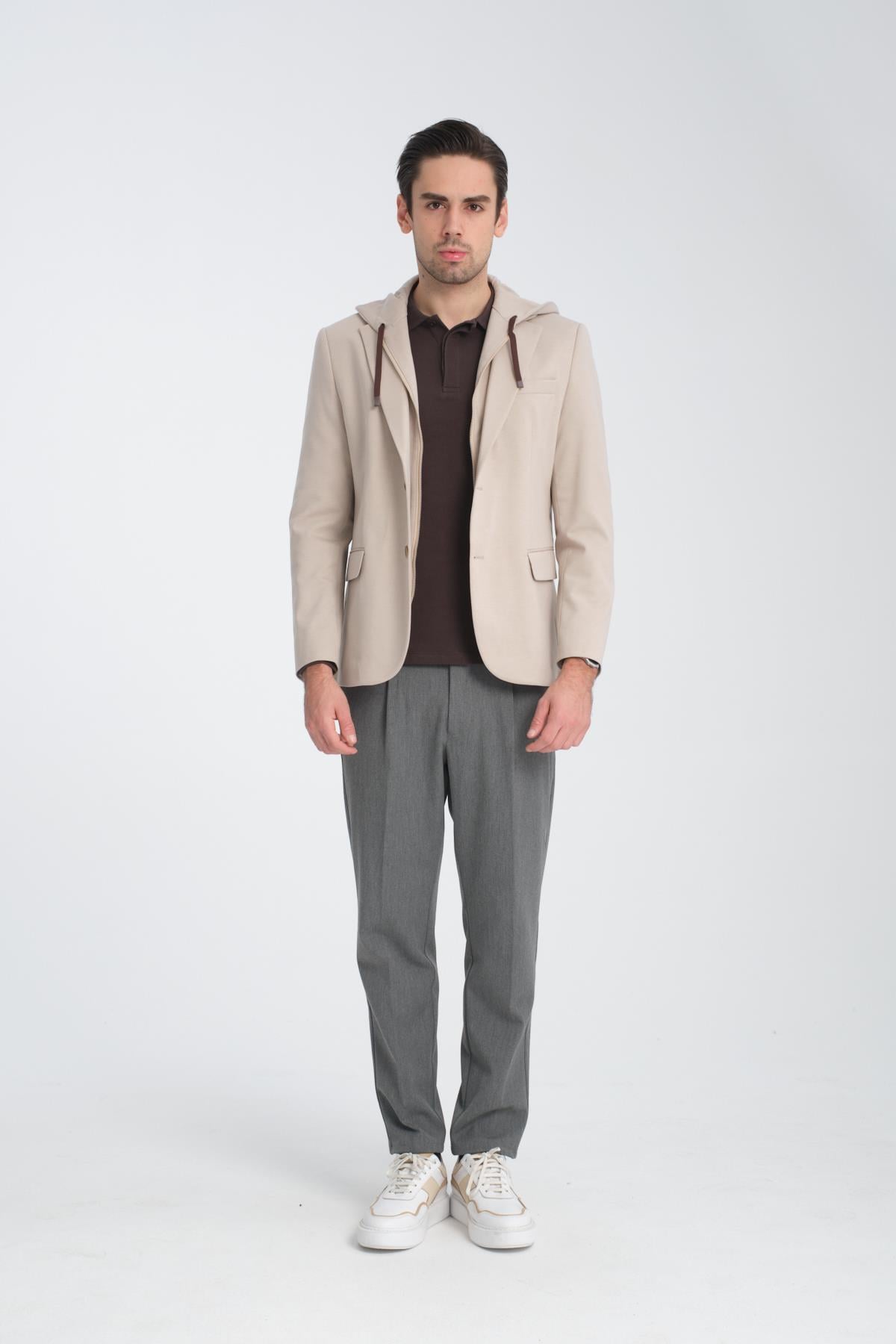 Marcio Erkek Bej Çıkarılabilir Kapşonlu Yarım Astar Slim Fit Mono Yaka Spor Blazer Ceket