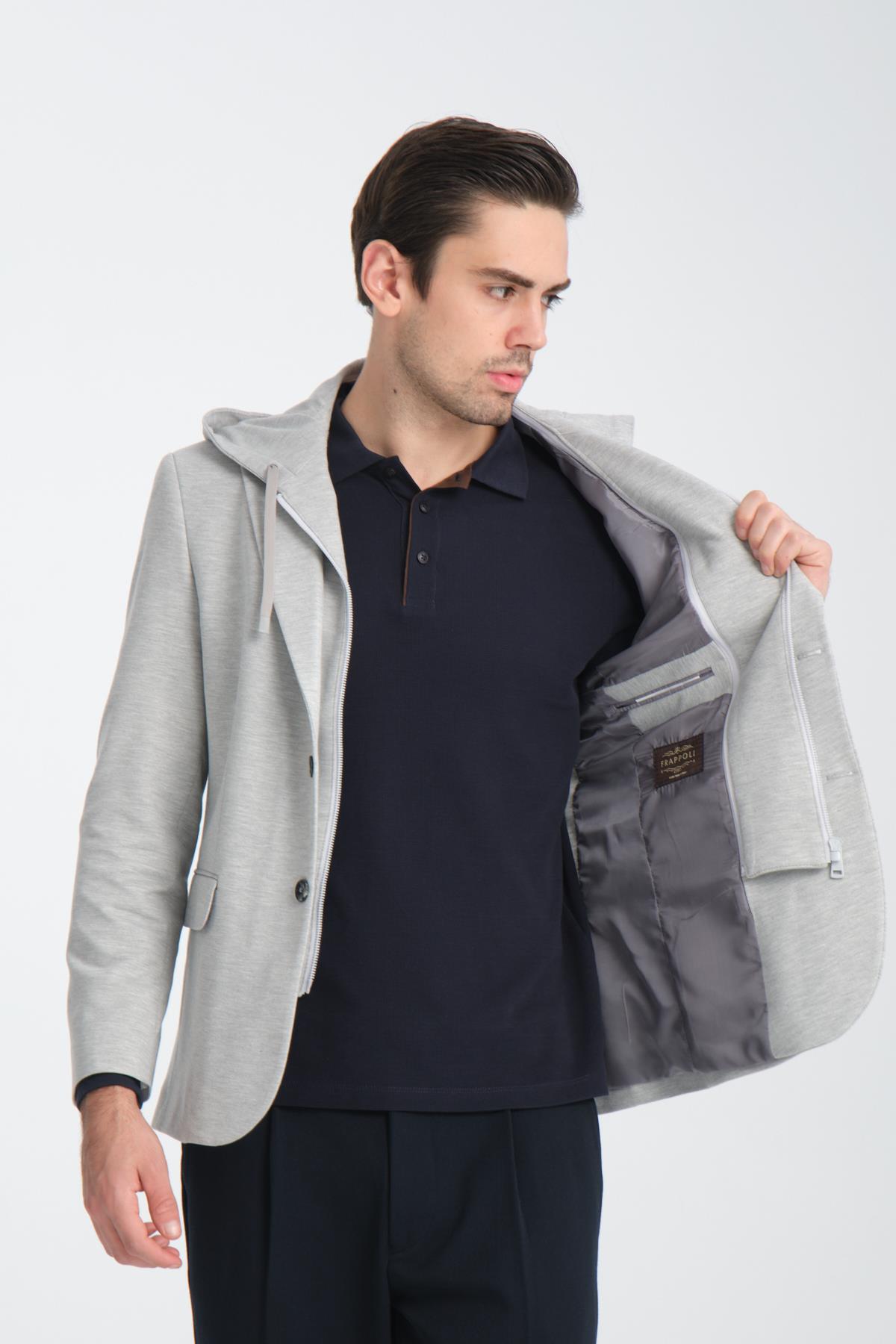 Marcio Erkek Gri Çıkarılabilir Kapşonlu Yarım Astar Slim Fit Mono Yaka Spor Blazer Ceket