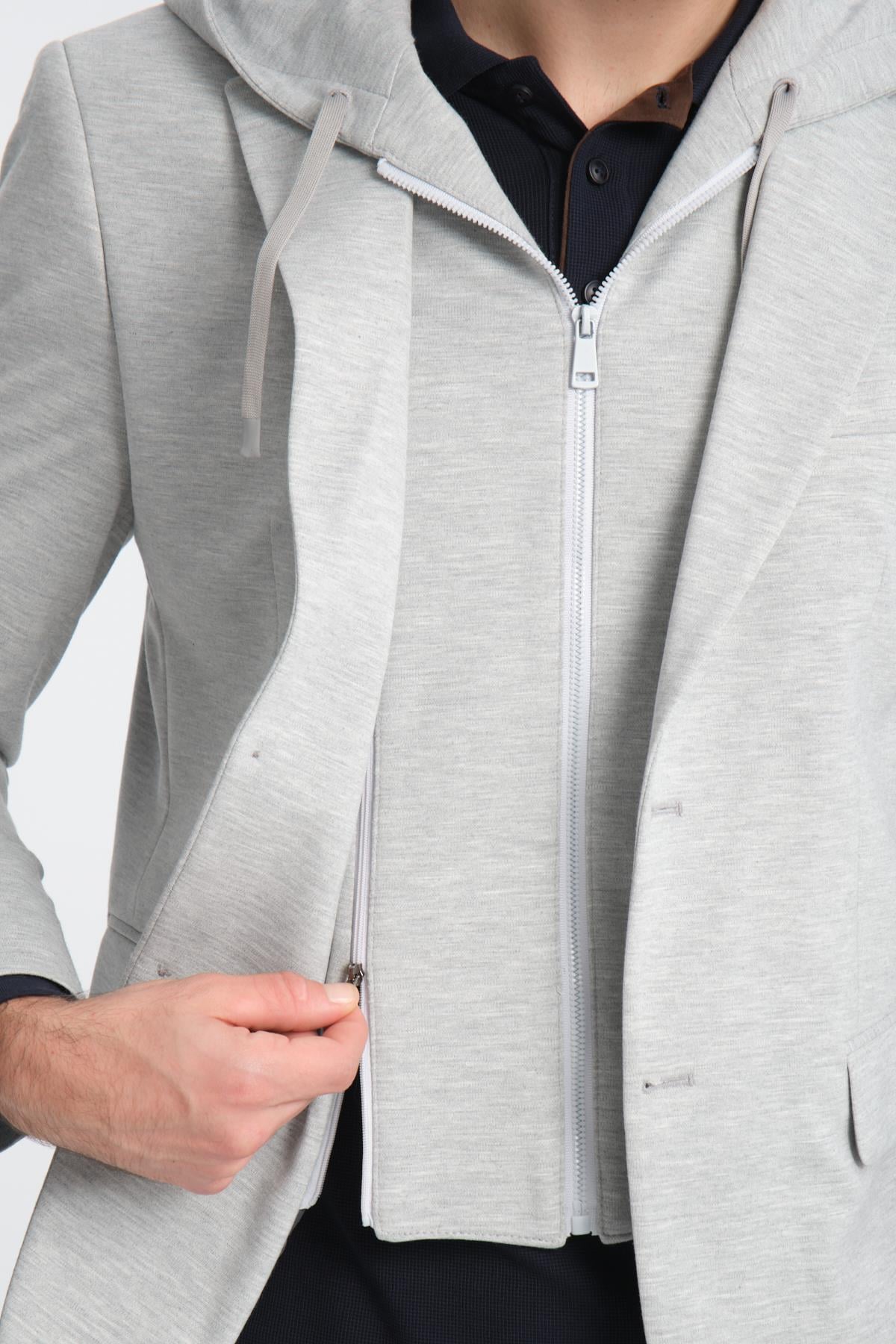 Marcio Erkek Gri Çıkarılabilir Kapşonlu Yarım Astar Slim Fit Mono Yaka Spor Blazer Ceket