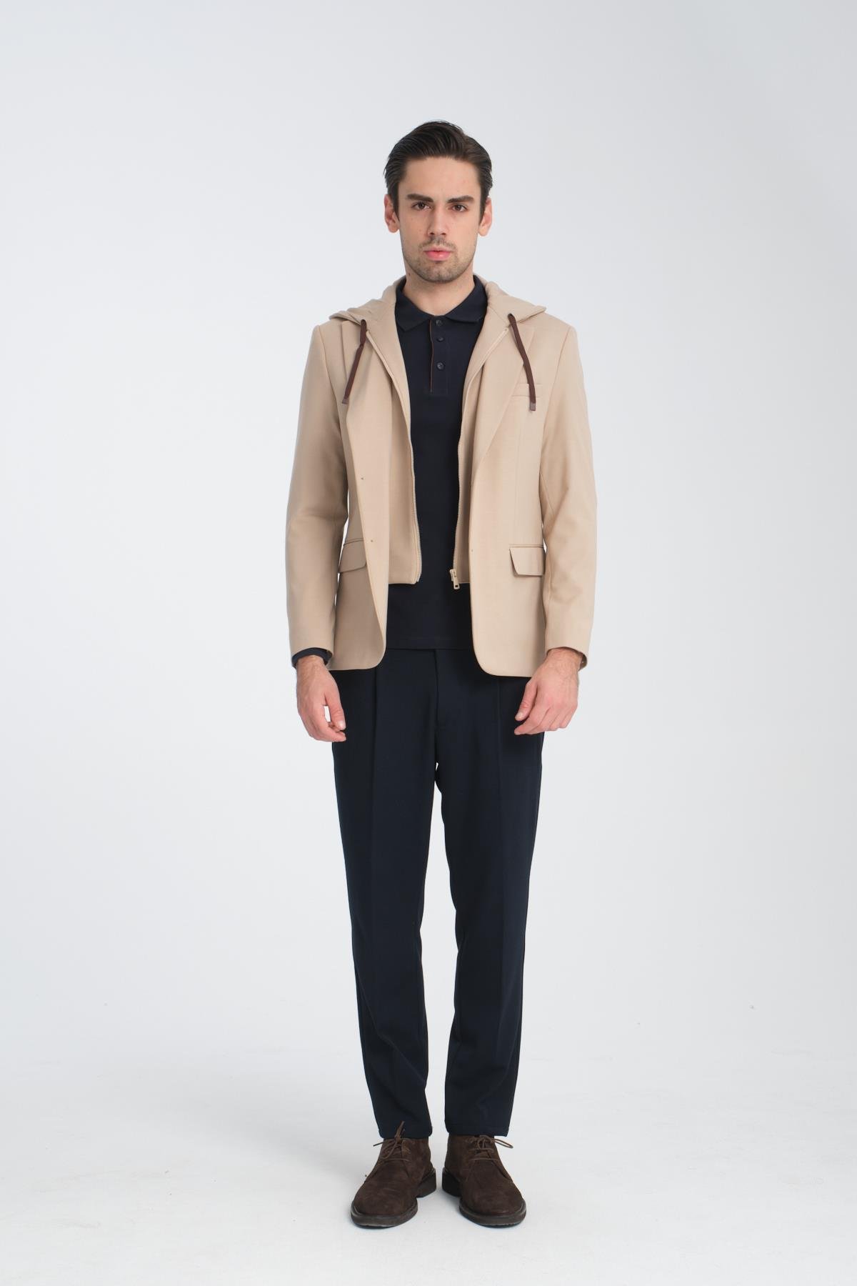 Marcio Erkek Krem Çıkarılabilir Kapşonlu Yarım Astar Slim Fit Mono Yaka Spor Blazer Ceket