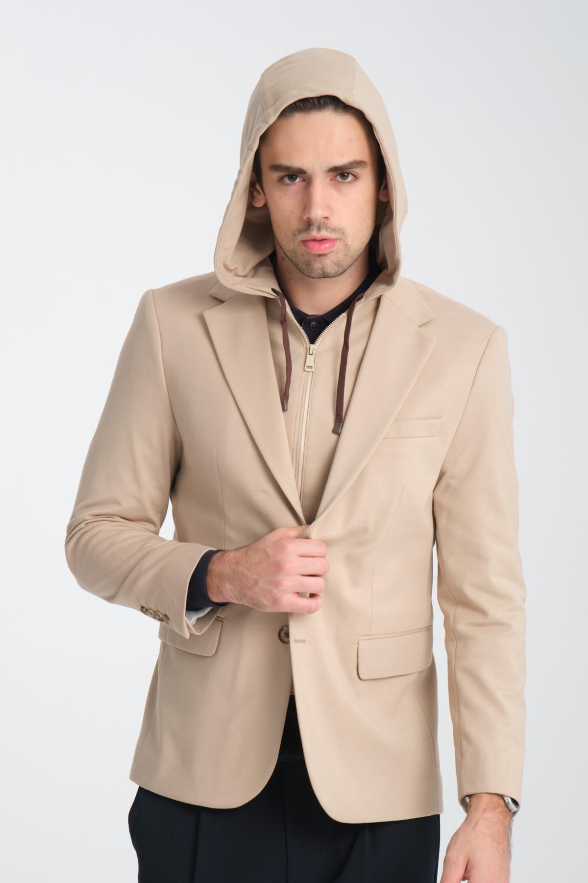 Marcio Erkek Krem Çıkarılabilir Kapşonlu Yarım Astar Slim Fit Mono Yaka Spor Blazer Ceket