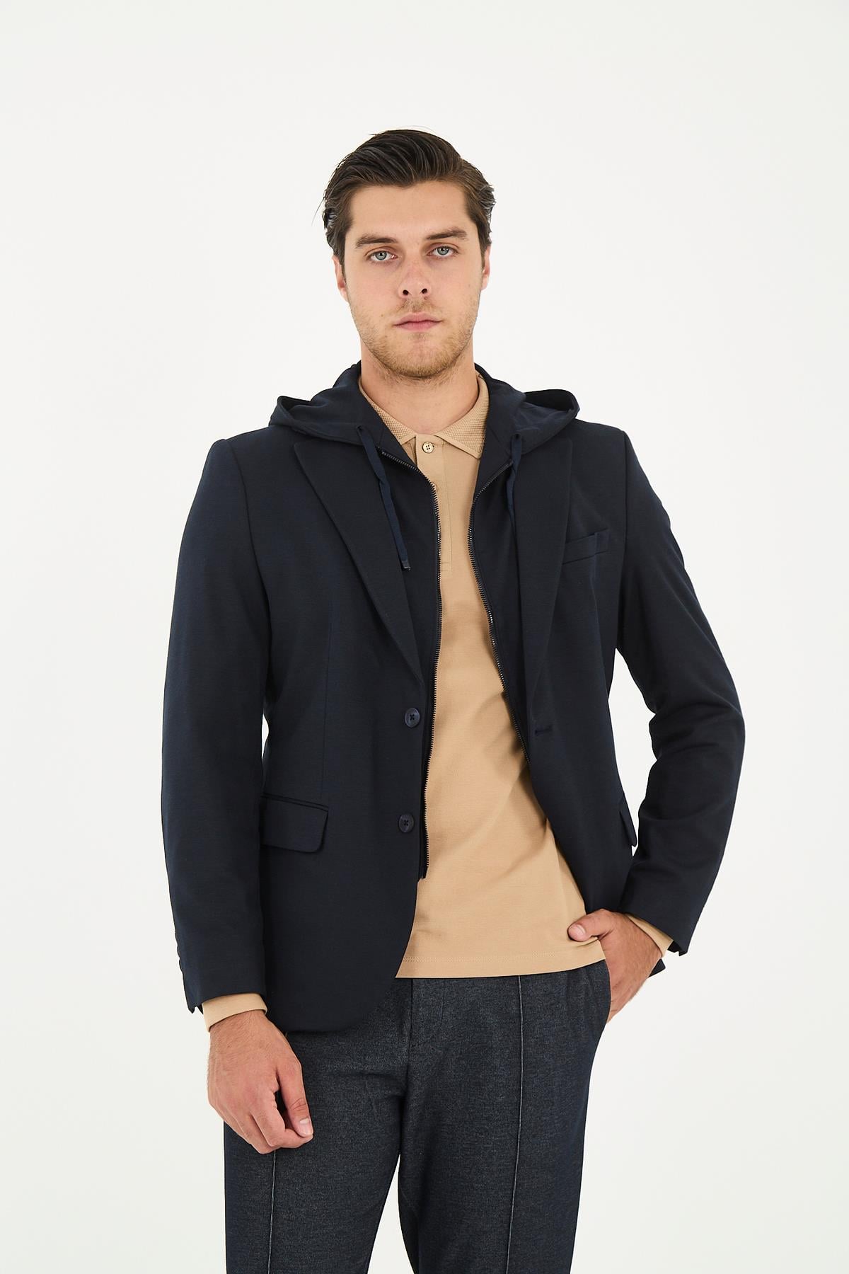Marcio Erkek Lacivert Çıkarılabilir Kapşonlu Yarım Astar Slim Fit Mono Yaka Spor Blazer Ceket