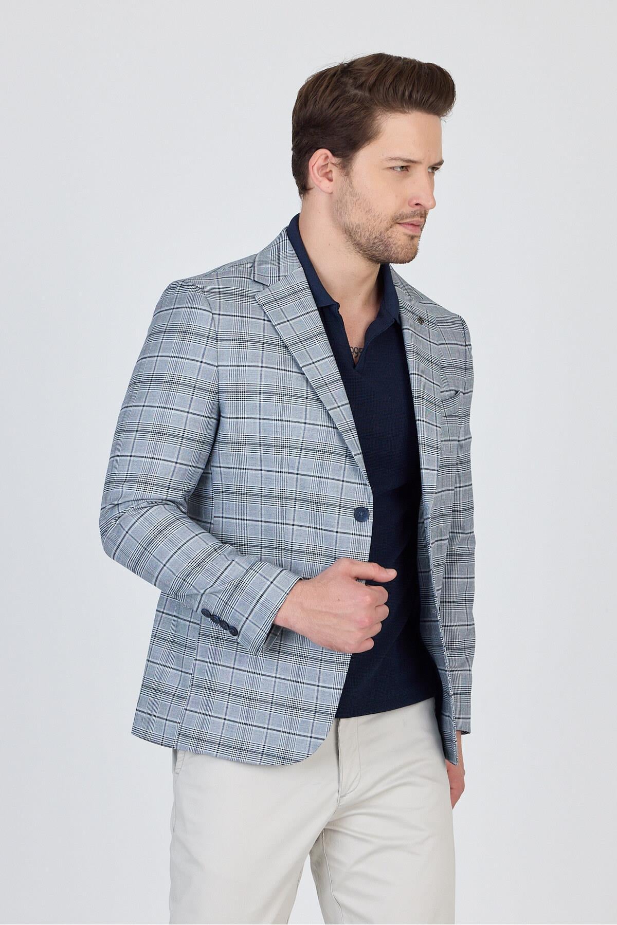 Maregas Erkek Açık Lacivert-Gri Pamuklu Ekose Slim Fit Mono Yaka Spor Blazer Ceket
