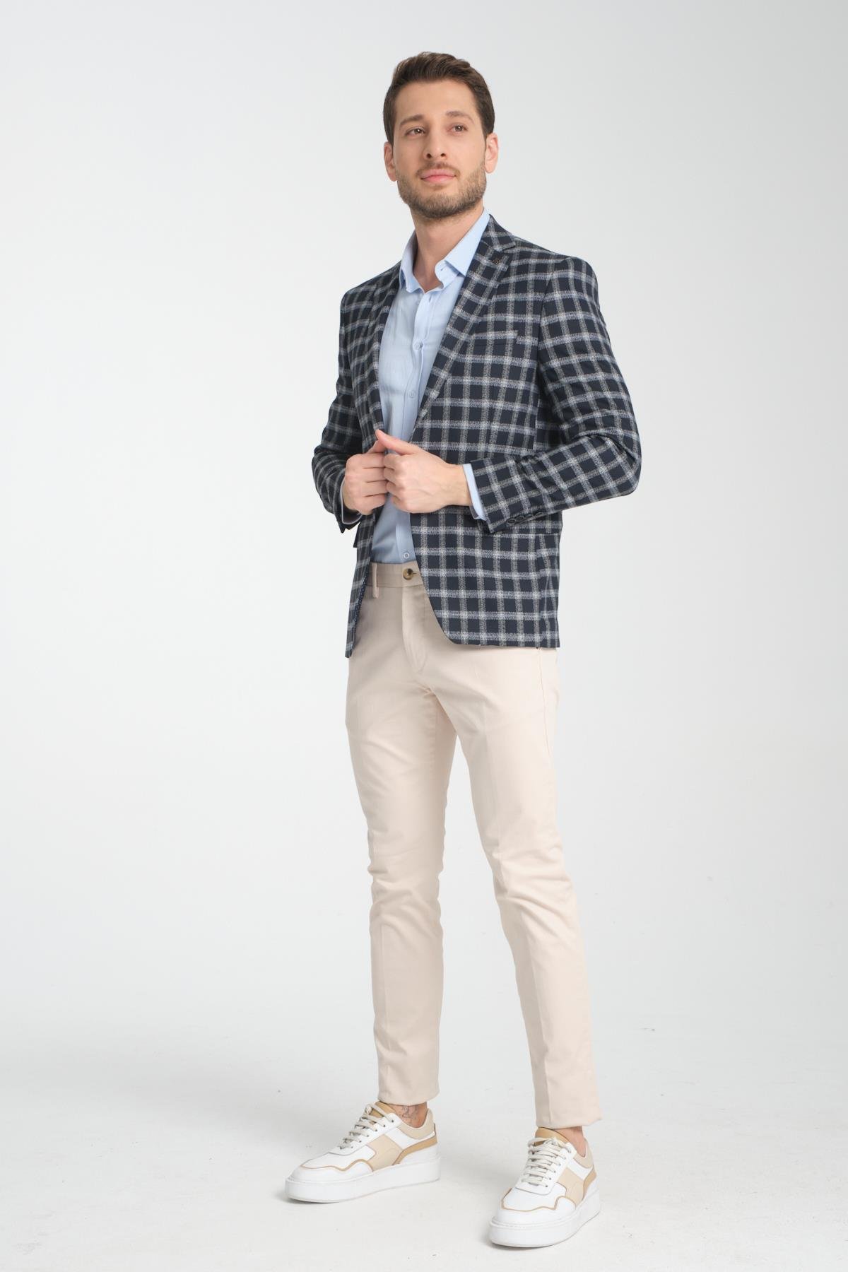 Mario Erkek Koyu Lacivert Ekose Slim Fit Mono Yaka Spor Blazer Ceket