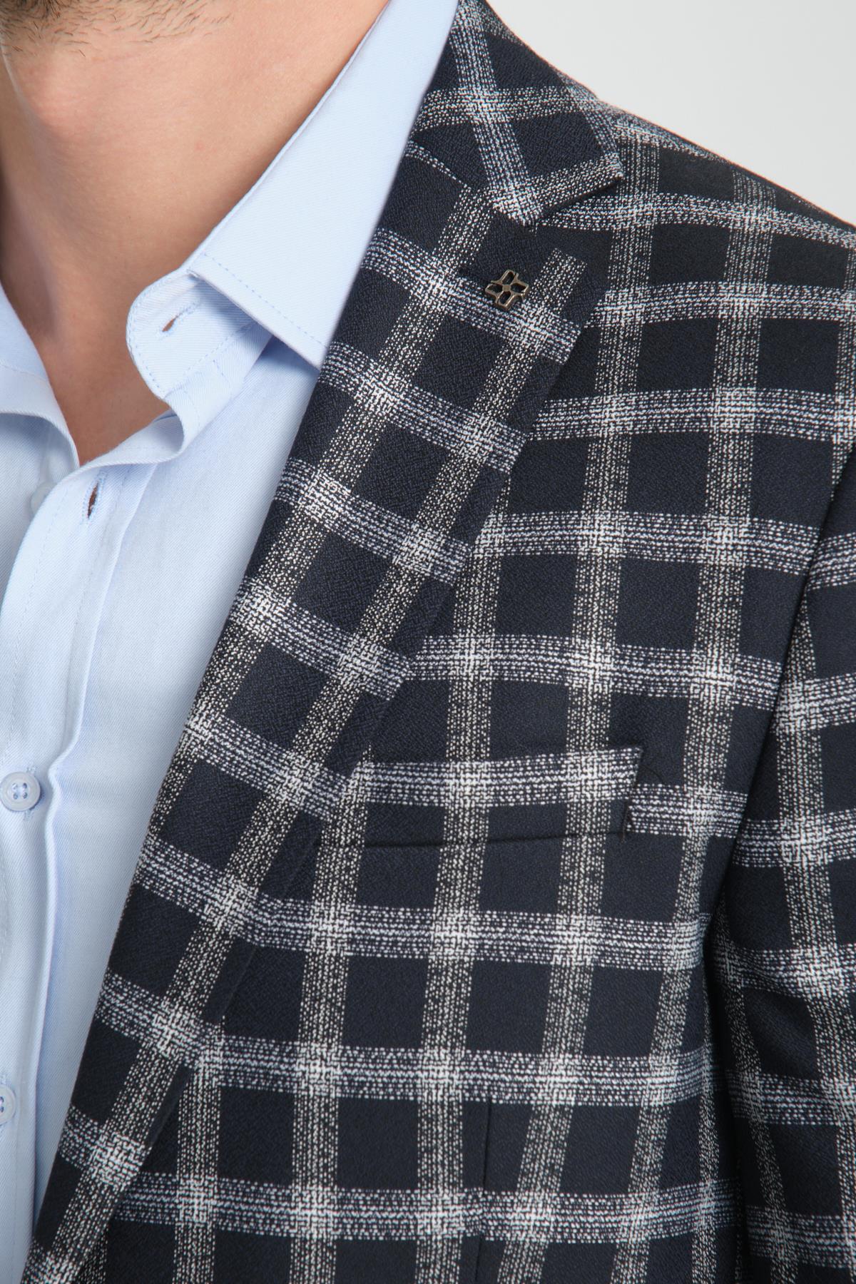 Mario Erkek Koyu Lacivert Ekose Slim Fit Mono Yaka Spor Blazer Ceket