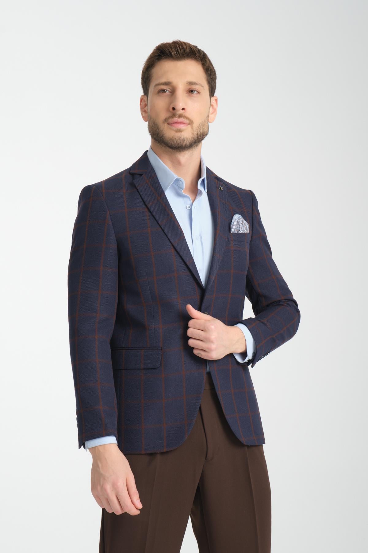 Martin Ekose Erkek Koyu Lacivert-Kahve Poliviskon Kumaşlı Slim Fit Mono Yaka Spor Blazer Ceket