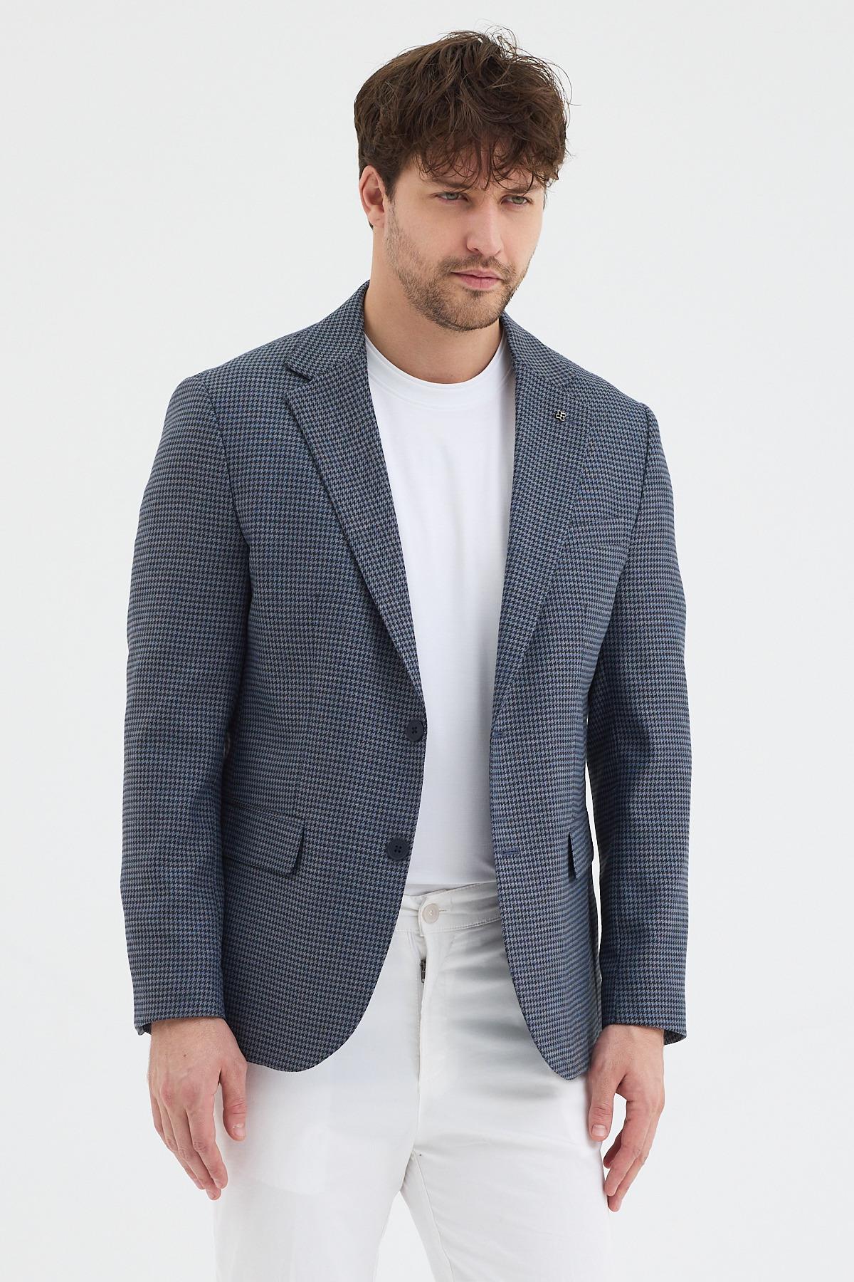 Mathus Erkek Lacivert Poliviskon Kumaşlı Kazayağı Desenli Slim Fit Mono Yaka Spor Blazer Ceket