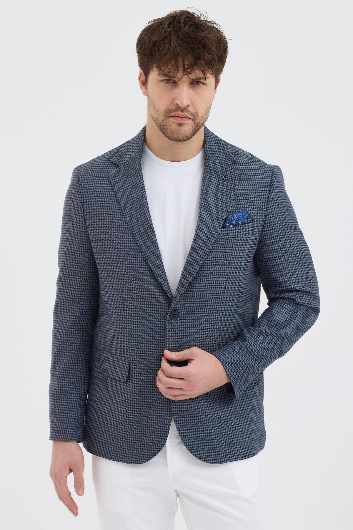 Mathus Erkek Lacivert Poliviskon Kumaşlı Kazayağı Desenli Slim Fit Mono Yaka Spor Blazer Ceket