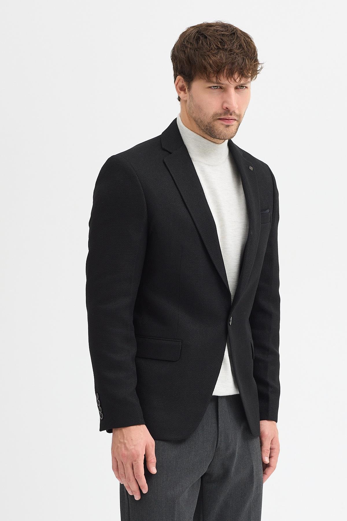 Max Hasır Erkek Siyah Desenli Poliviskon Kumaşlı Slim Fit Spor Blazer Ceket