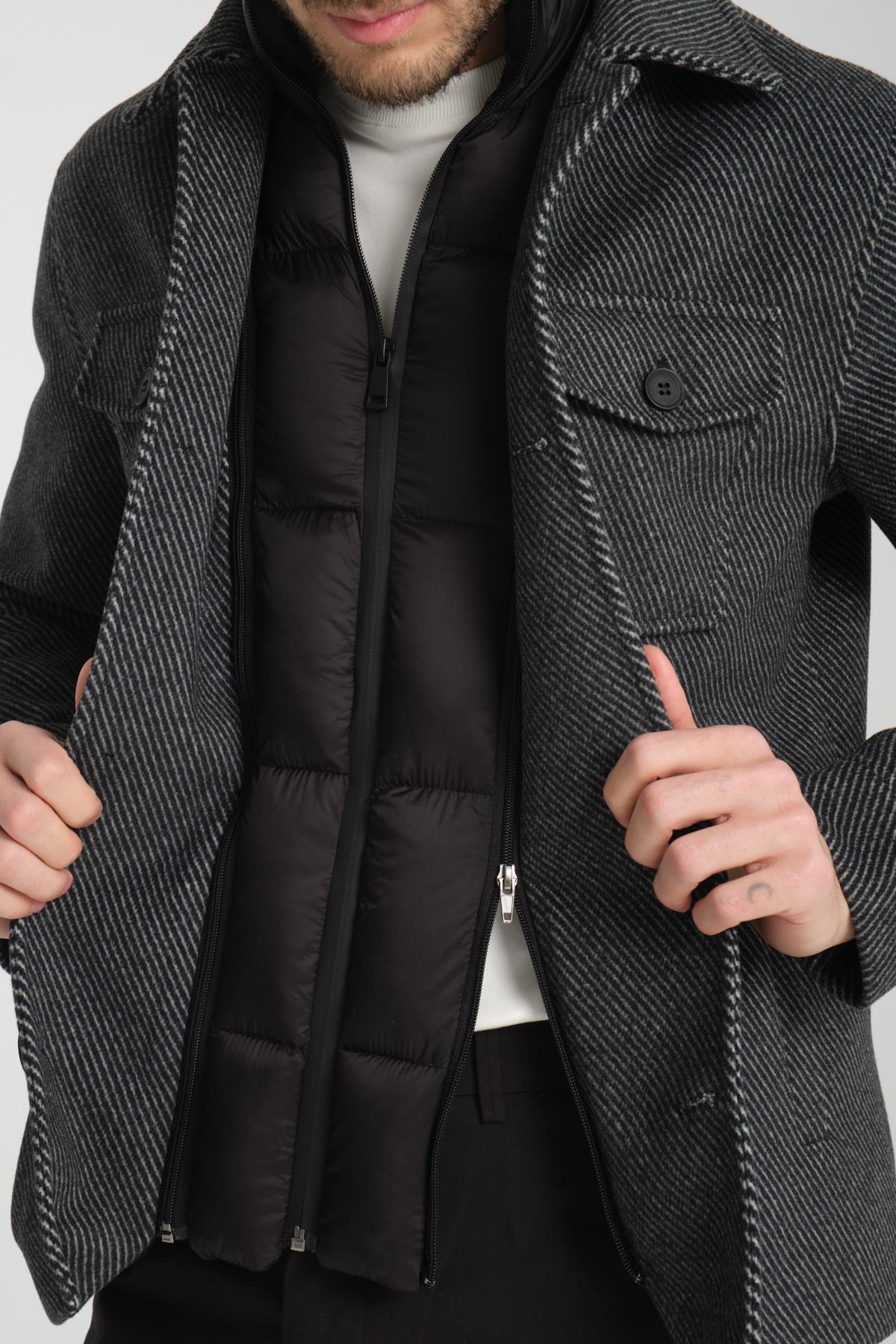 Maxi Erkek Siyah Diagonel Likralı Kısa Önü Çıkmalı Kaşe-Kaban