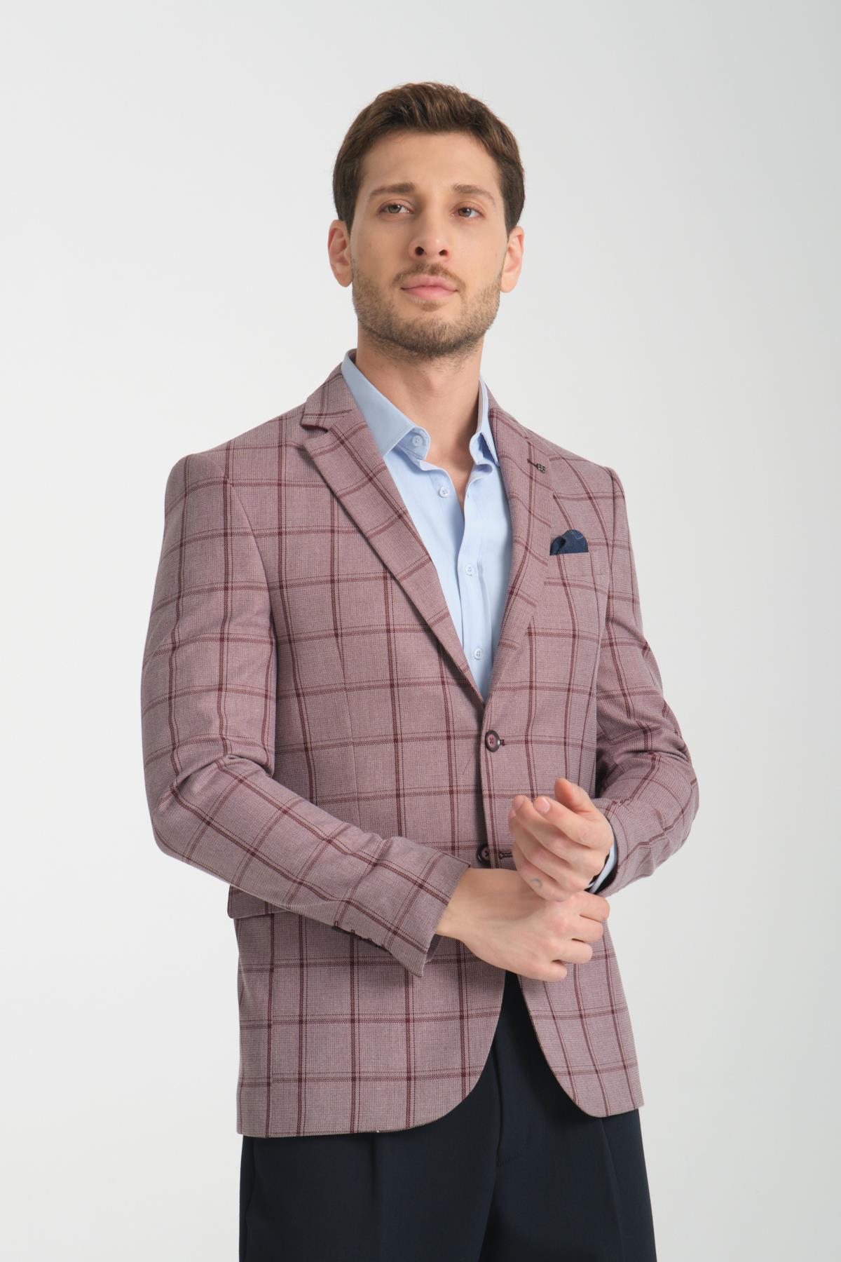 Medardo Erkek Bordo Ekoseli Slim Fit Dar Kesim Mono Yaka Spor Blazer Ceket