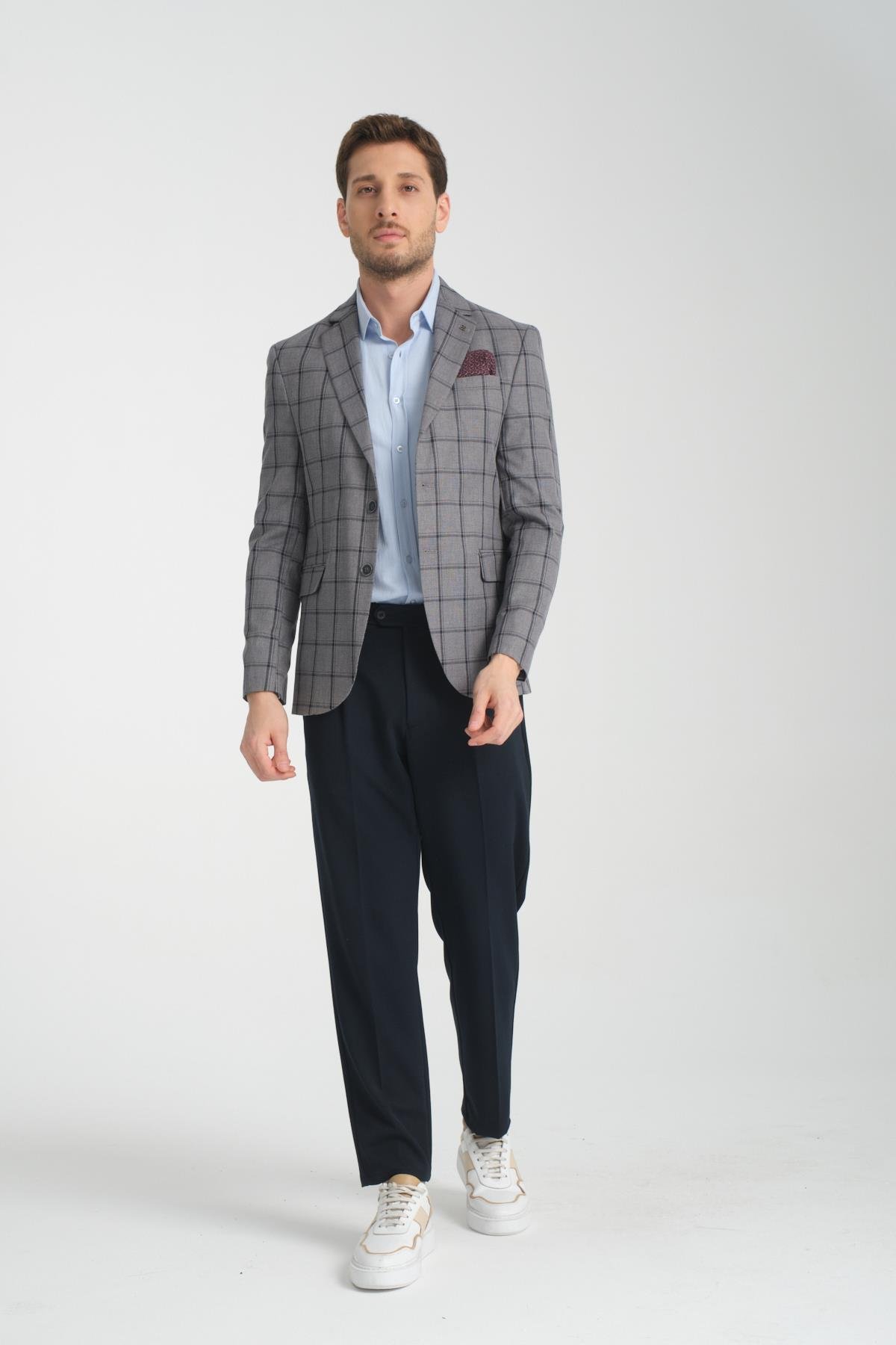 Medardo Erkek Lacivert Ekoseli Slim Fit Dar Kesim Mono Yaka Spor Blazer Ceket
