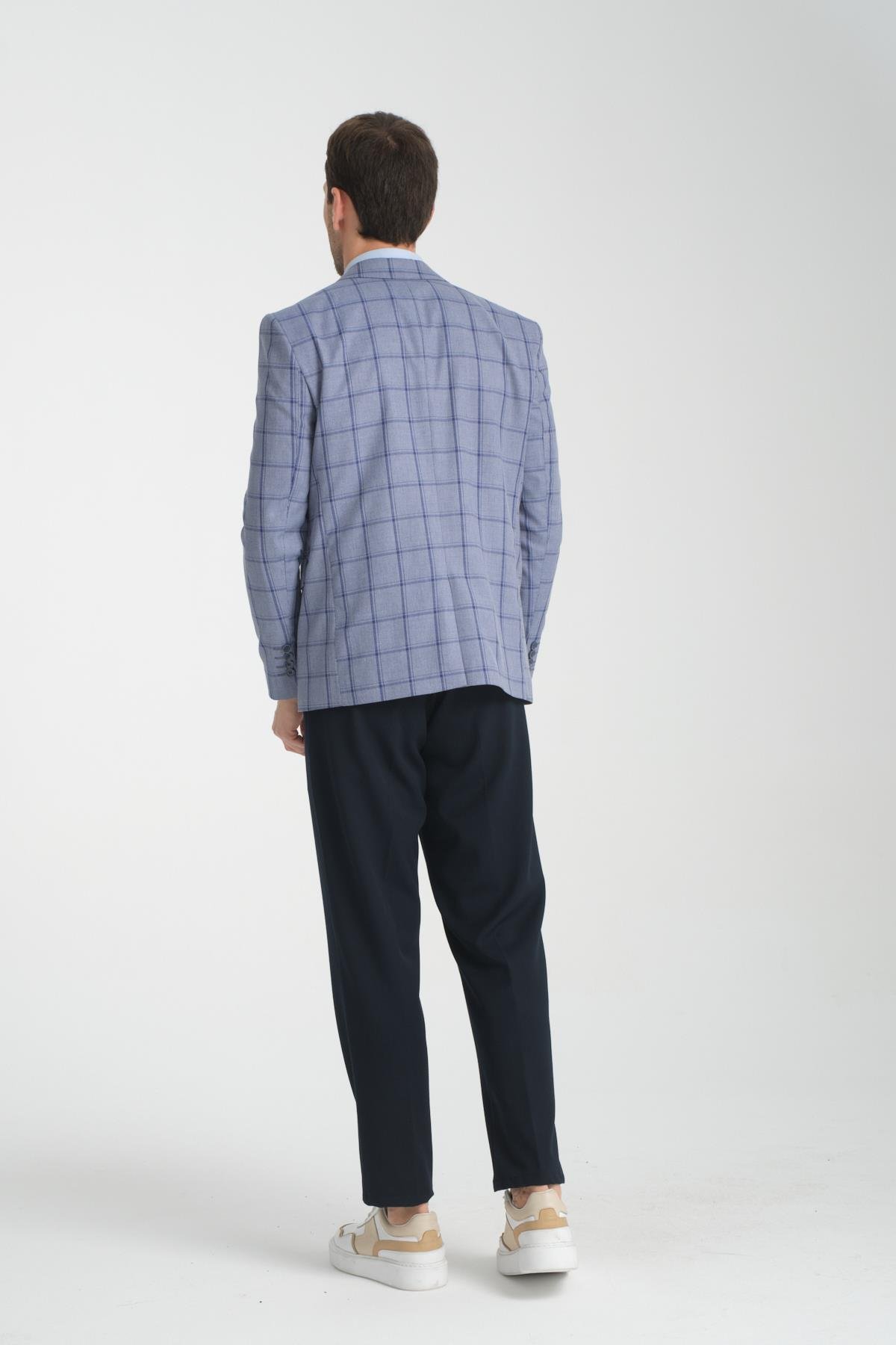 Medardo Erkek Saks Ekoseli Slim Fit Dar Kesim Mono Yaka Spor Blazer Ceket