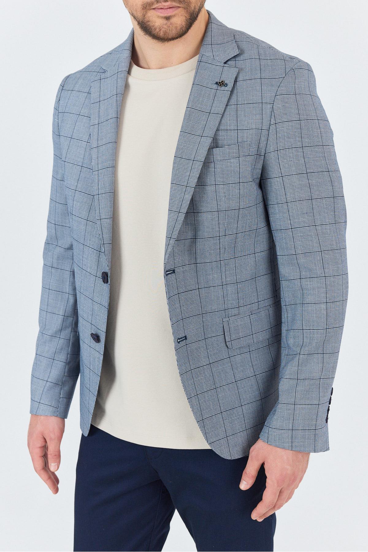Merillon Erkek Açık Lacivert Ekose Polyviskon Kumaşlı Spor Blazer Ceket