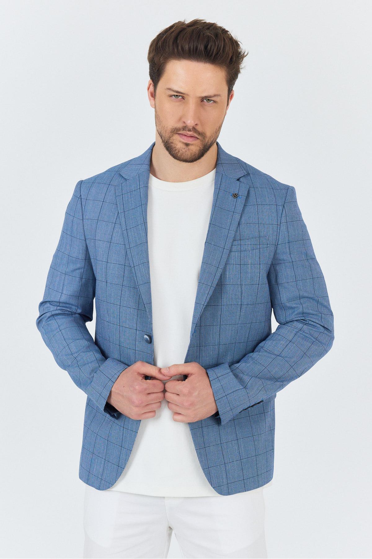 Merillon Erkek İndigo Ekose Polyviskon Kumaşlı Spor Blazer Ceket