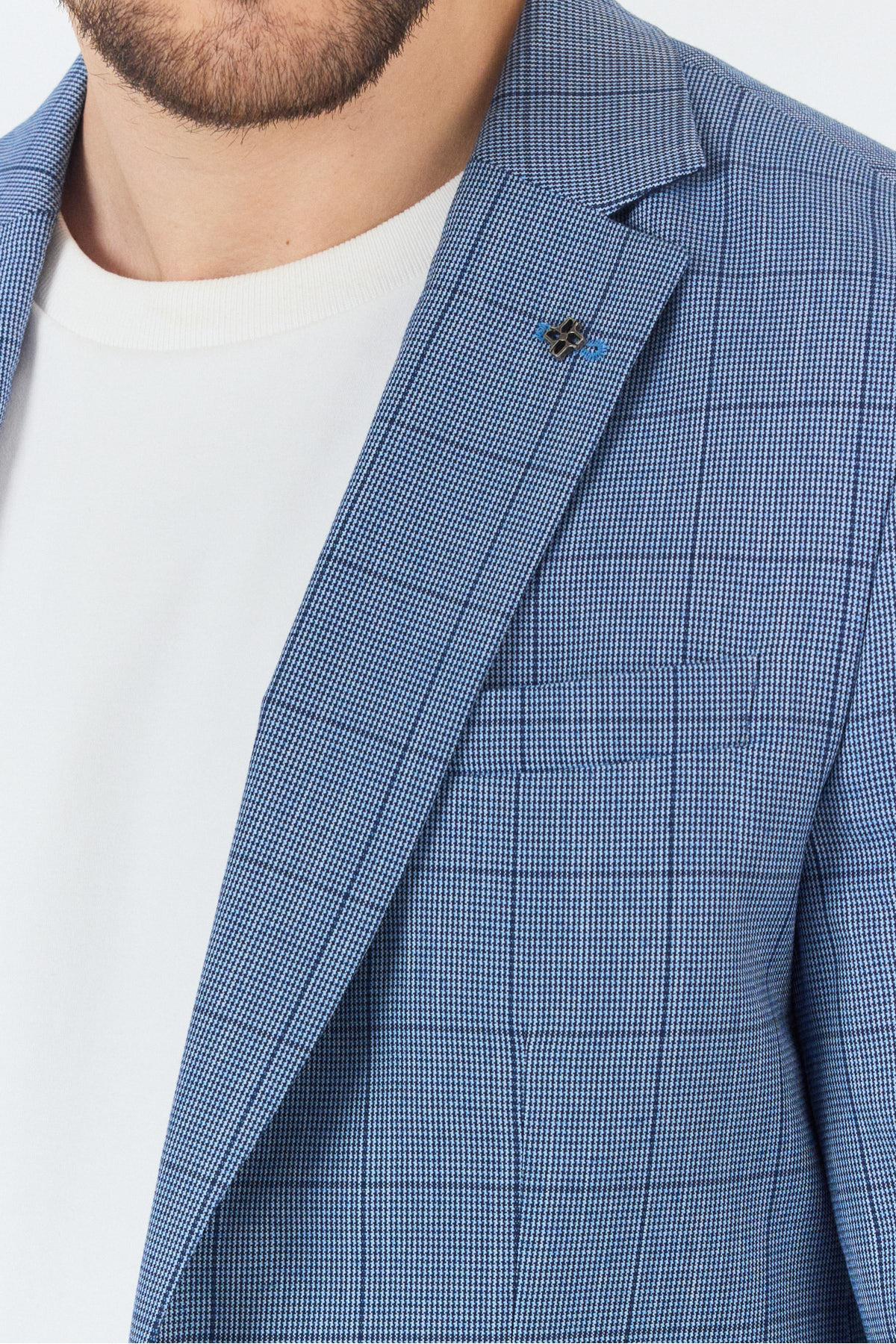 Merillon Erkek İndigo Ekose Polyviskon Kumaşlı Spor Blazer Ceket