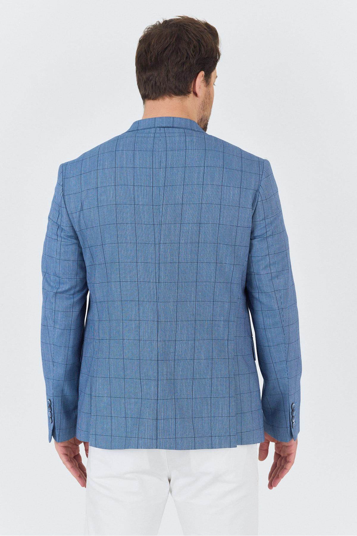 Merillon Erkek İndigo Ekose Polyviskon Kumaşlı Spor Blazer Ceket