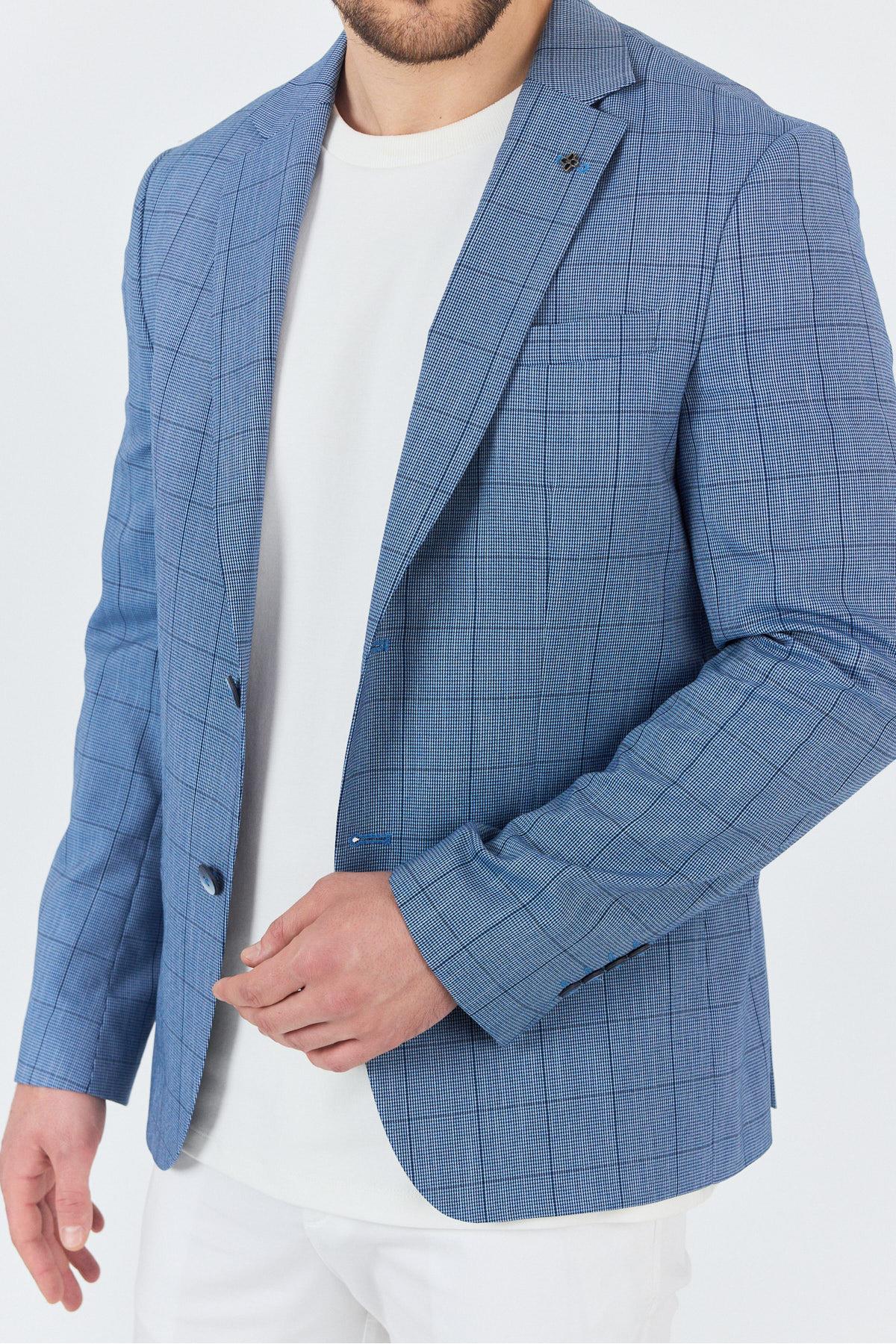 Merillon Erkek İndigo Ekose Polyviskon Kumaşlı Spor Blazer Ceket