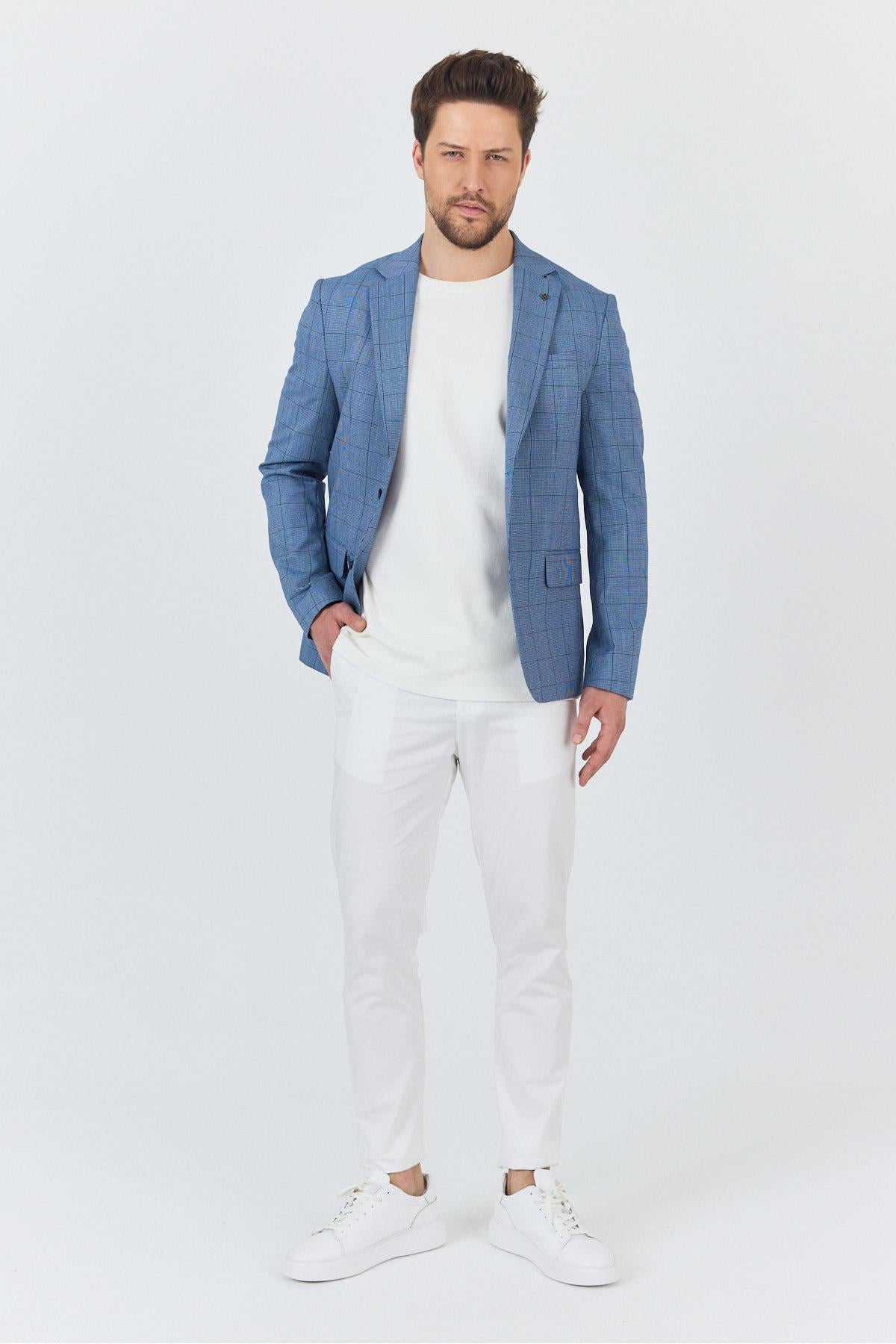Merillon Erkek İndigo Ekose Polyviskon Kumaşlı Spor Blazer Ceket