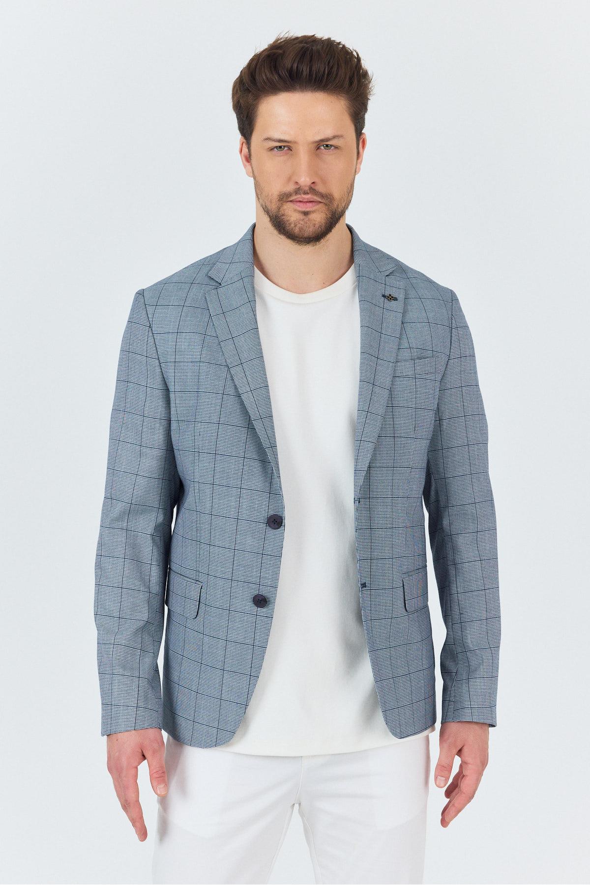 Merillon Erkek Lacivert Ekose Polyviskon Kumaşlı Spor Blazer Ceket