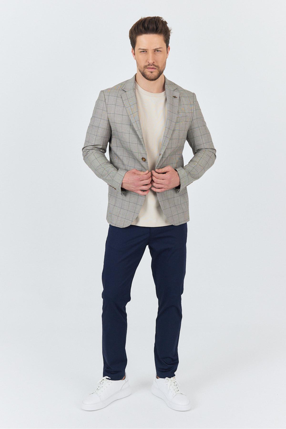 Merillon Erkek Vizon Ekose Polyviskon Kumaşlı Spor Blazer Ceket