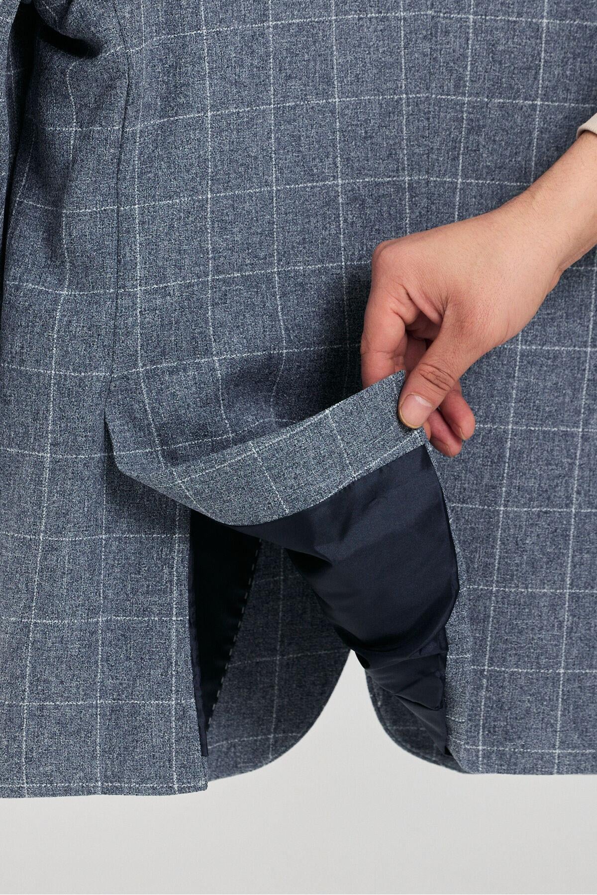 Messini Erkek Koyu Lacivert Ekose Kumaşlı Mono Yaka Blazer Ceket (Büyük Beden - Battal)