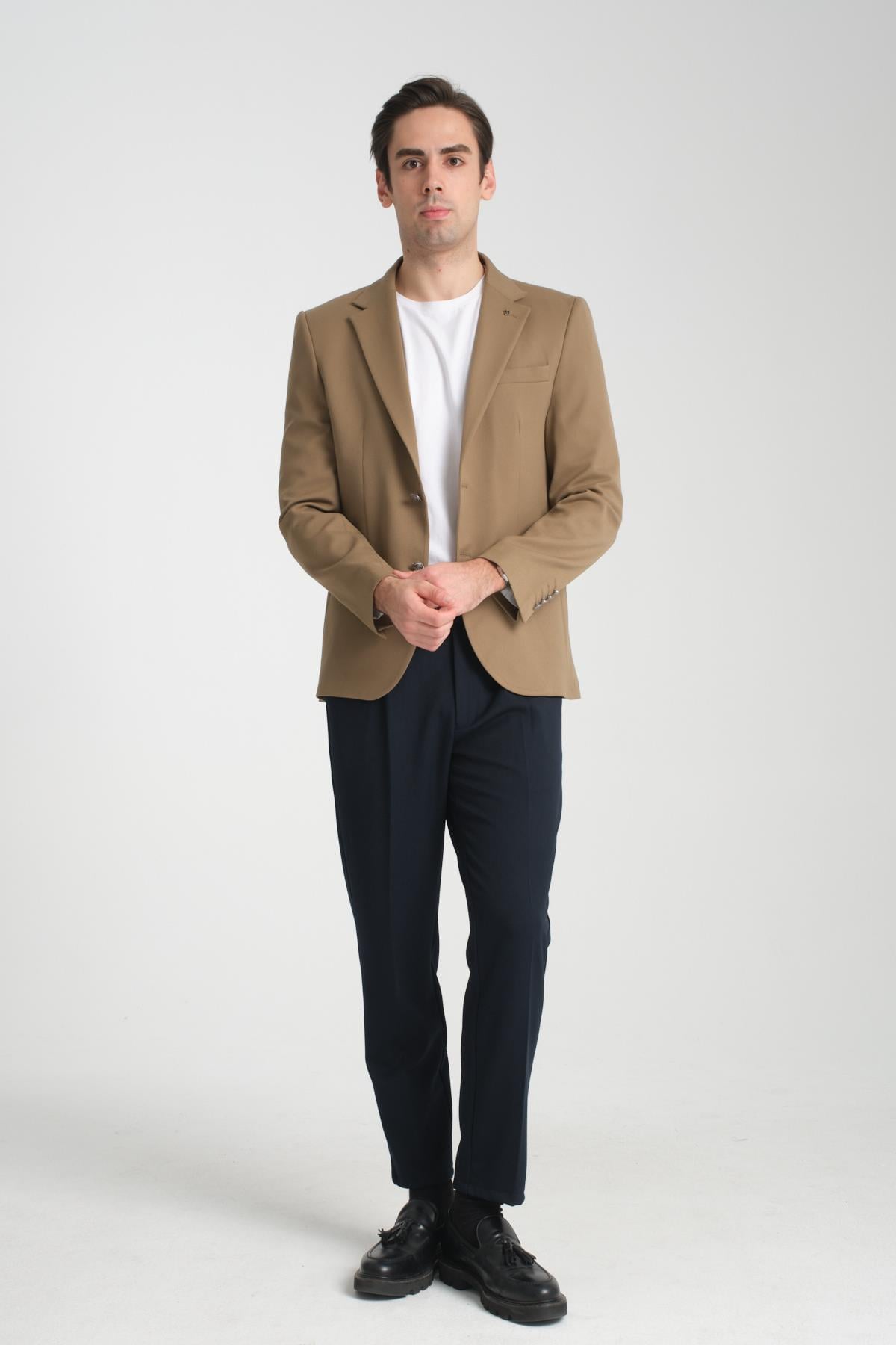 Metal Düğmeli Modern Erkek Blazer Mono Yaka Spor Ceket Örme