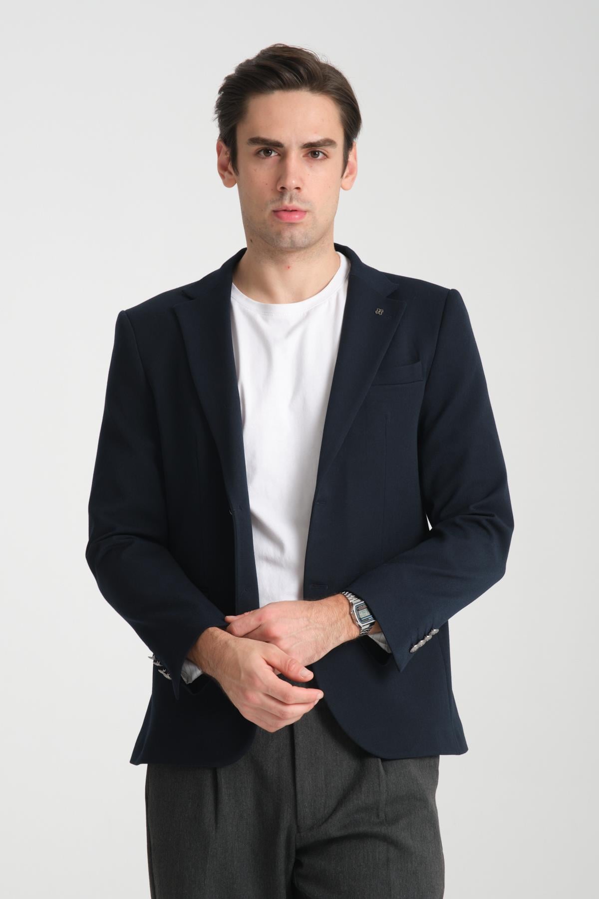Metal Düğmeli Modern Erkek Blazer Mono Yaka Spor Ceket Örme