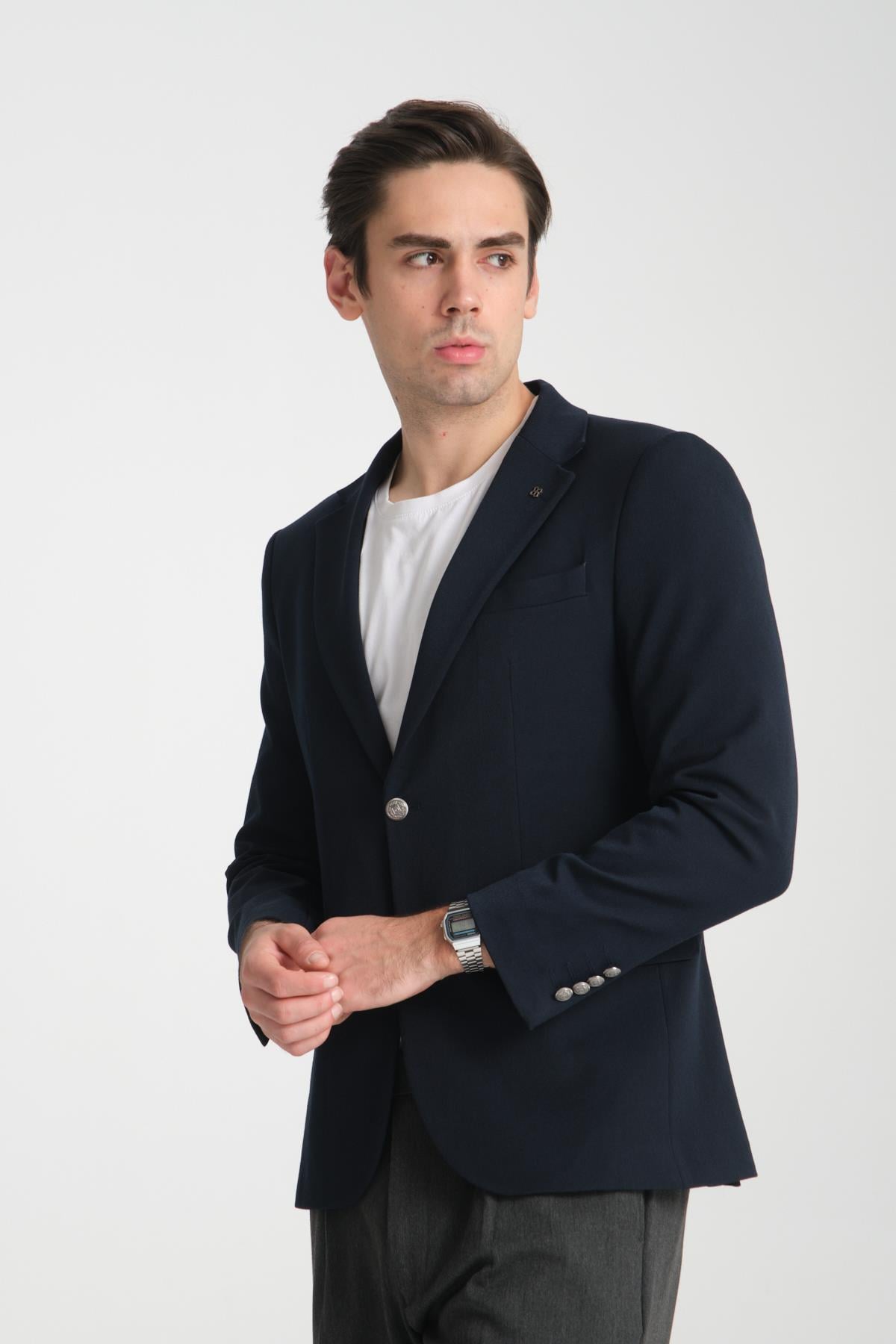 Metal Düğmeli Modern Erkek Blazer Mono Yaka Spor Ceket Örme