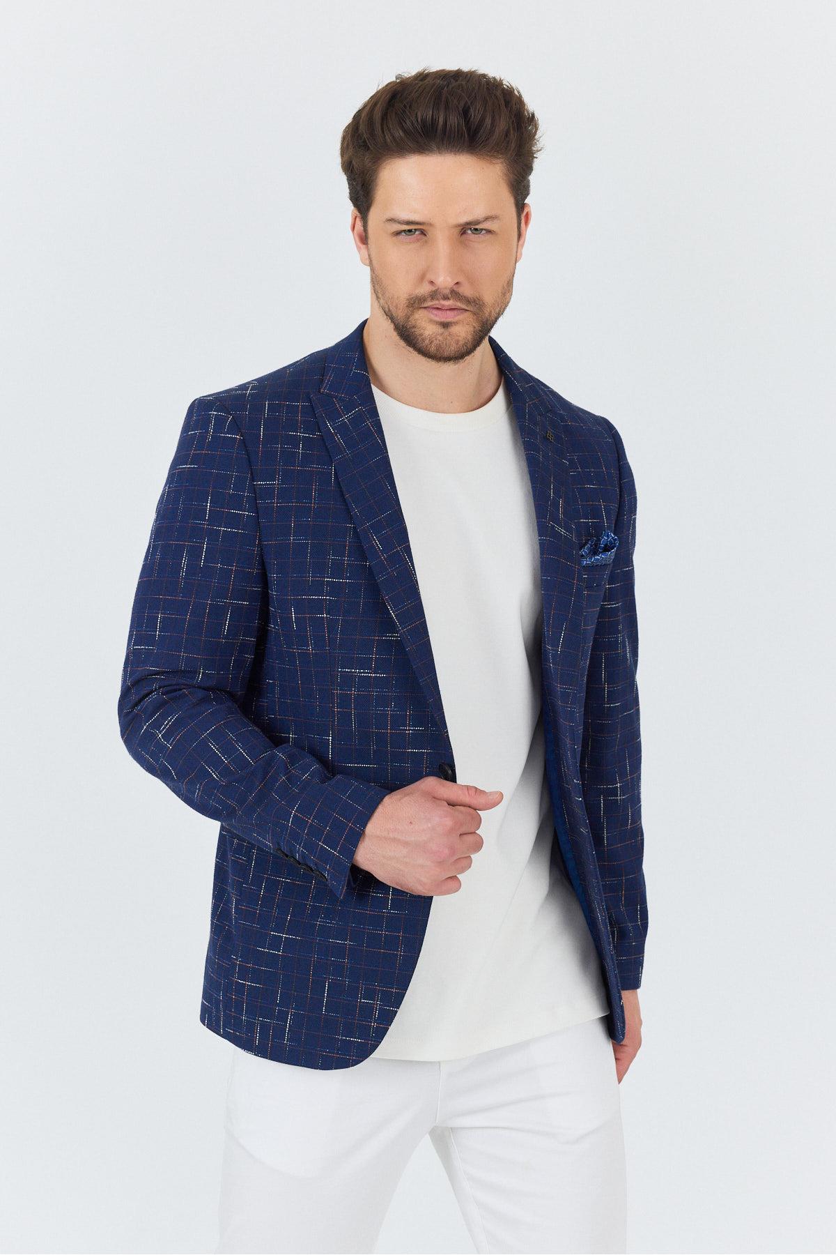 Modero Erkek Lacivert-Bordo Ekose Kareli Polyviskon Kumaşlı Slim Fit Dar Kesim Spor Blazer Ceket