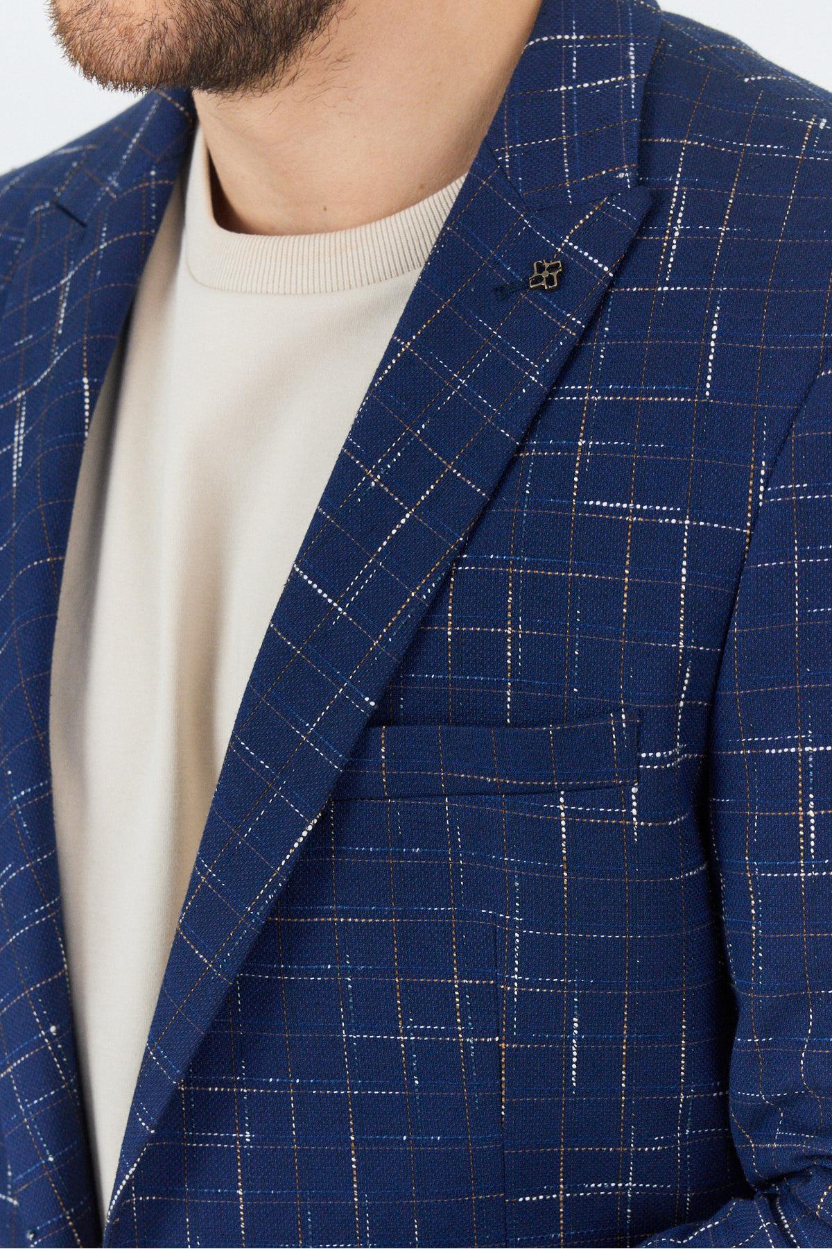 Modero Erkek Lacivert-Hardal Ekose Kareli Polyviskon Kumaşlı Slim Fit Dar Kesim Spor Blazer Ceket