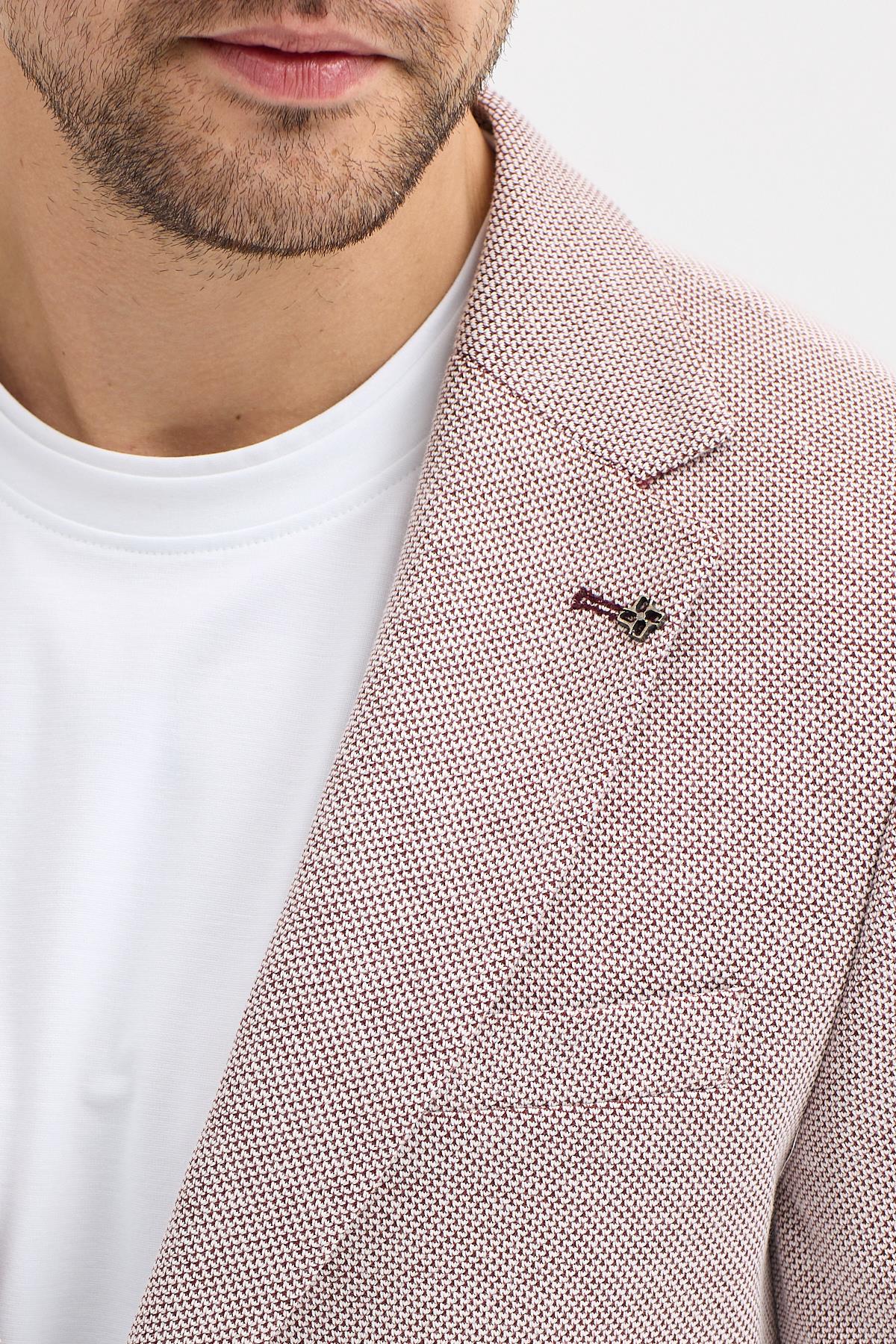Moreto Erkek Bordo Pamuk Karışımlı Esnek Kumaşlı Armürlü Mono Yaka Spor Slim Fit Blazer Ceket