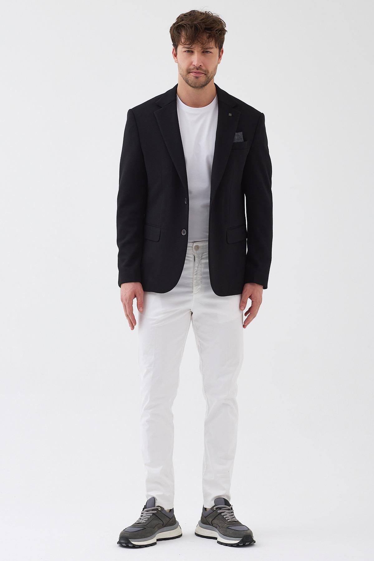 Nasio Erkek Siyah 360 Esneyen Pamuk Karışımlı Slim Fit Mono Yaka Spor Blazer Ceket