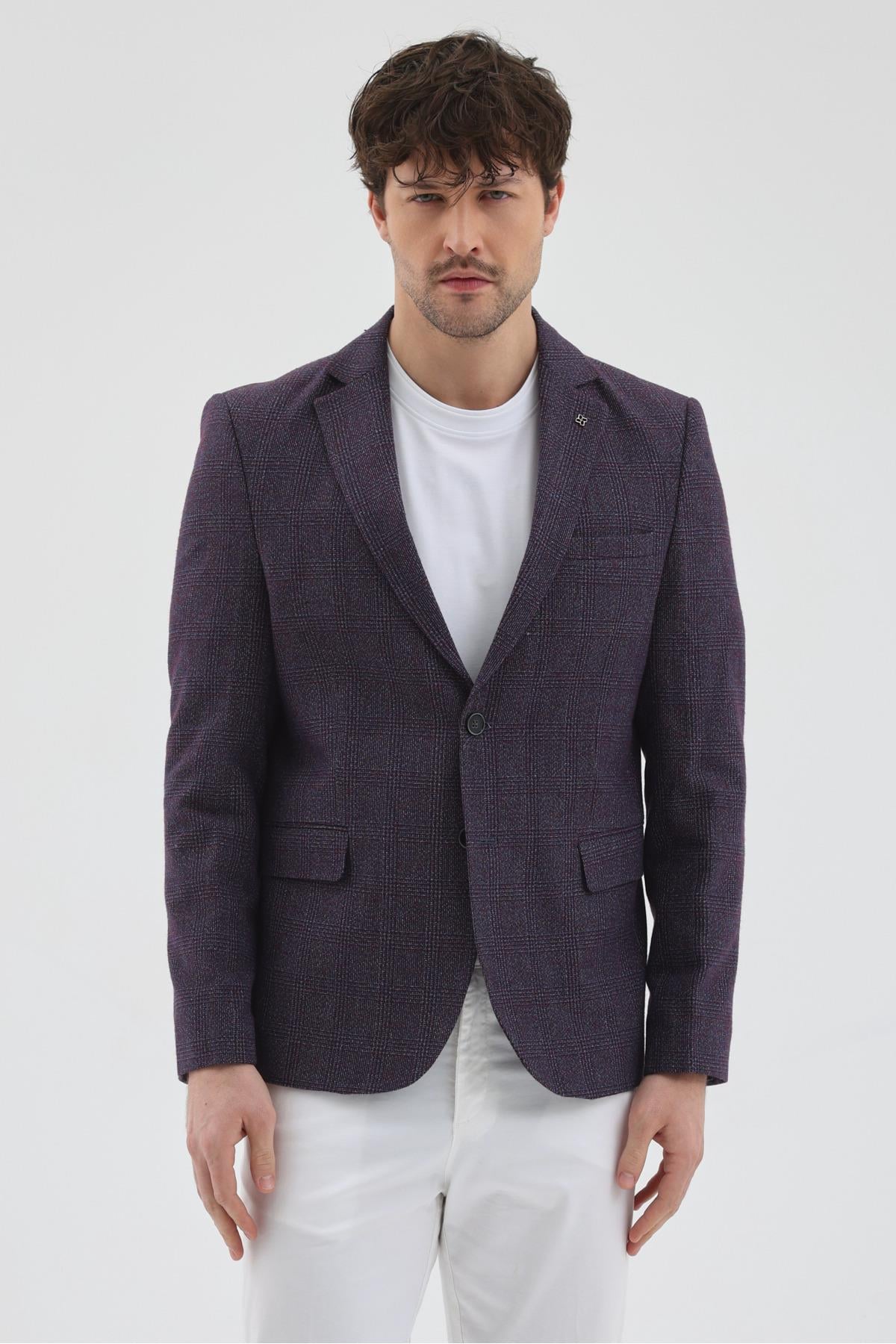 Nico Erkek Bordo Poliviskon Kumaşlı Slim Fit Mono Yaka Spor Blazer Ceket