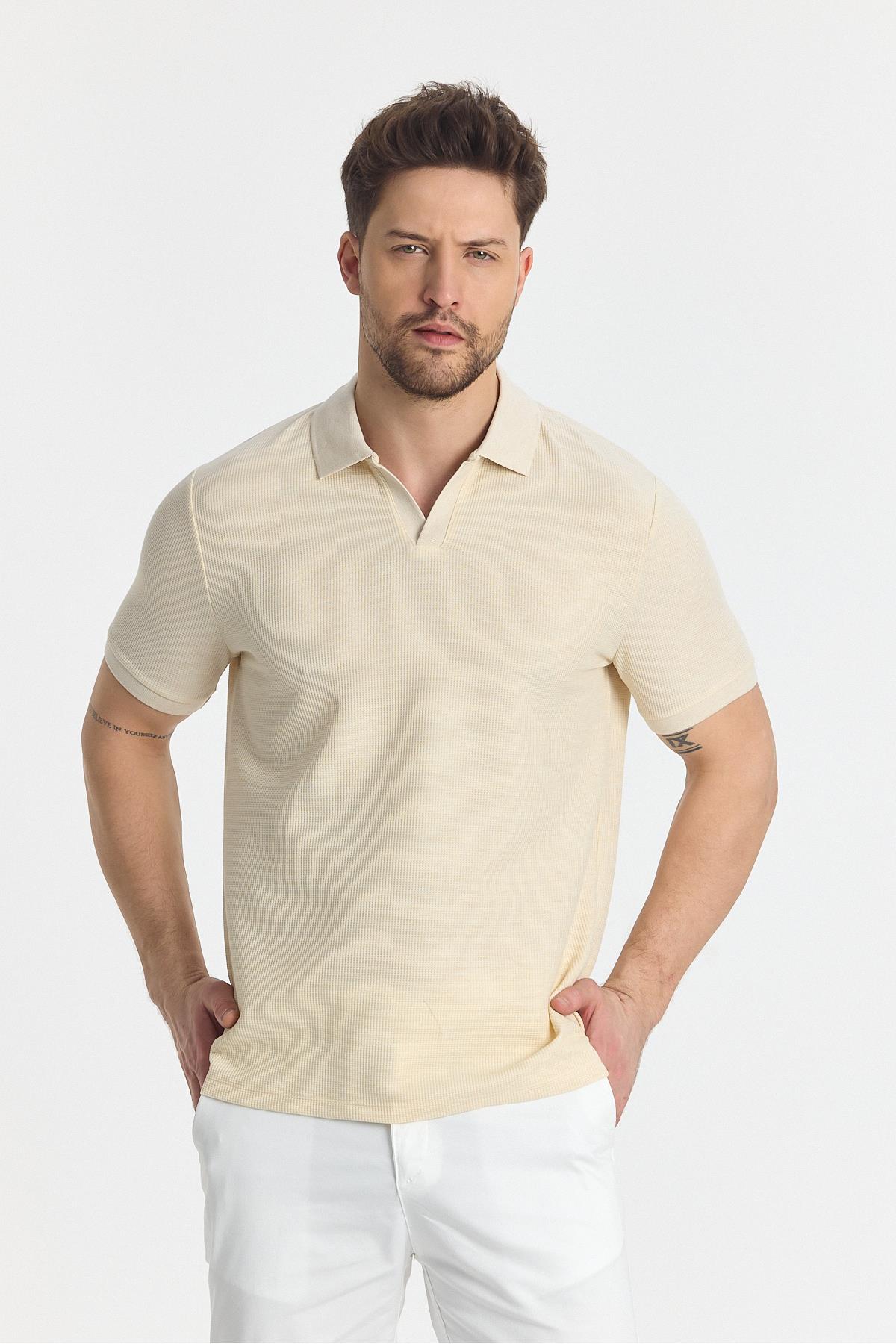 Nikol Erkek Bej Likralı Pamuk Karışımlı Esneyen Kumaş Spor Yaka Slim Fit Polo Yaka T-Shirt