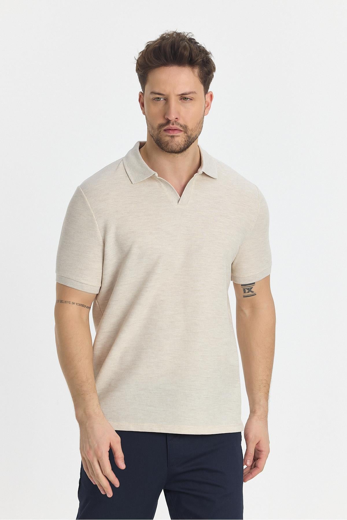Nikol Erkek Krem Likralı Pamuk Karışımlı Esneyen Kumaş Spor Yaka Slim Fit Polo Yaka T-Shirt
