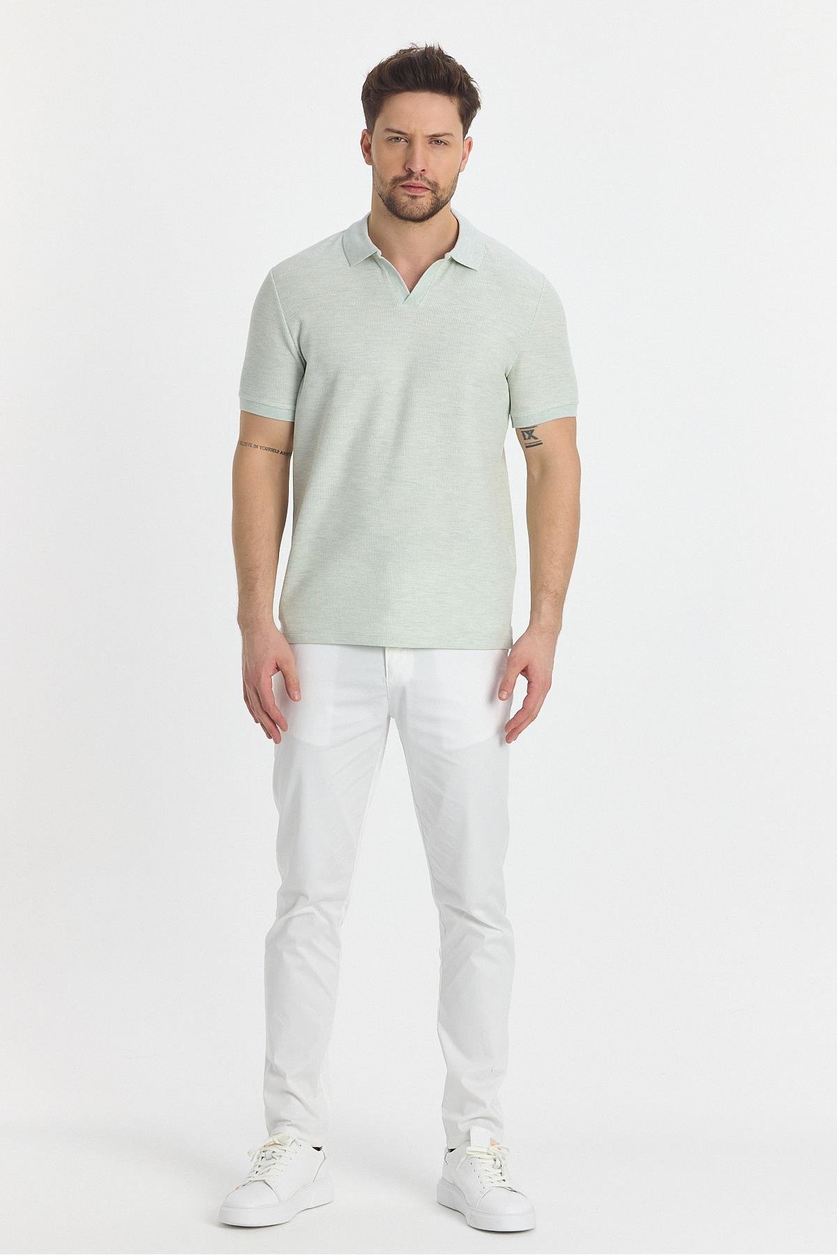 Nikol Erkek Mint Likralı Pamuk Karışımlı Esneyen Kumaş Spor Yaka Slim Fit Polo Yaka T-Shirt