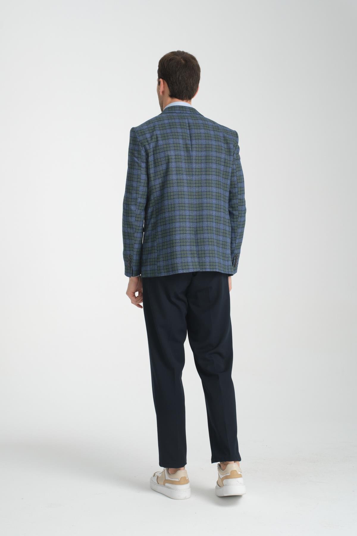 Nina Erkek Lacivert - Yeşil Ekose Slim Fit Mono Yaka Spor Blazer Ceket